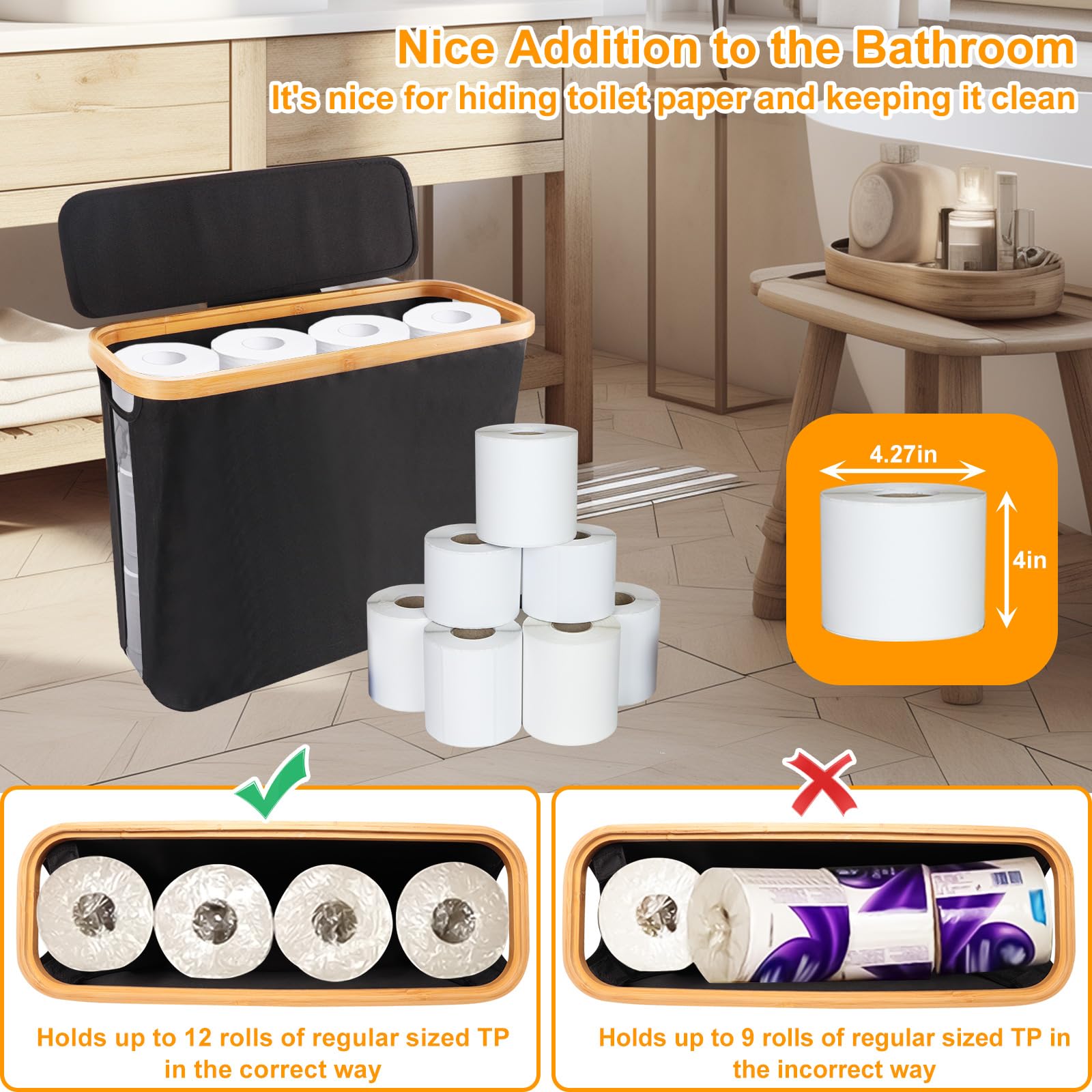 Toilet Paper Storage Basket with Lid - Holds 12 Mega Rolls | Bathroom Organizer & Accessories Holder | Space-Saving Toilet Paper Bin for Bathroom, RV, or Guest Room (Black)