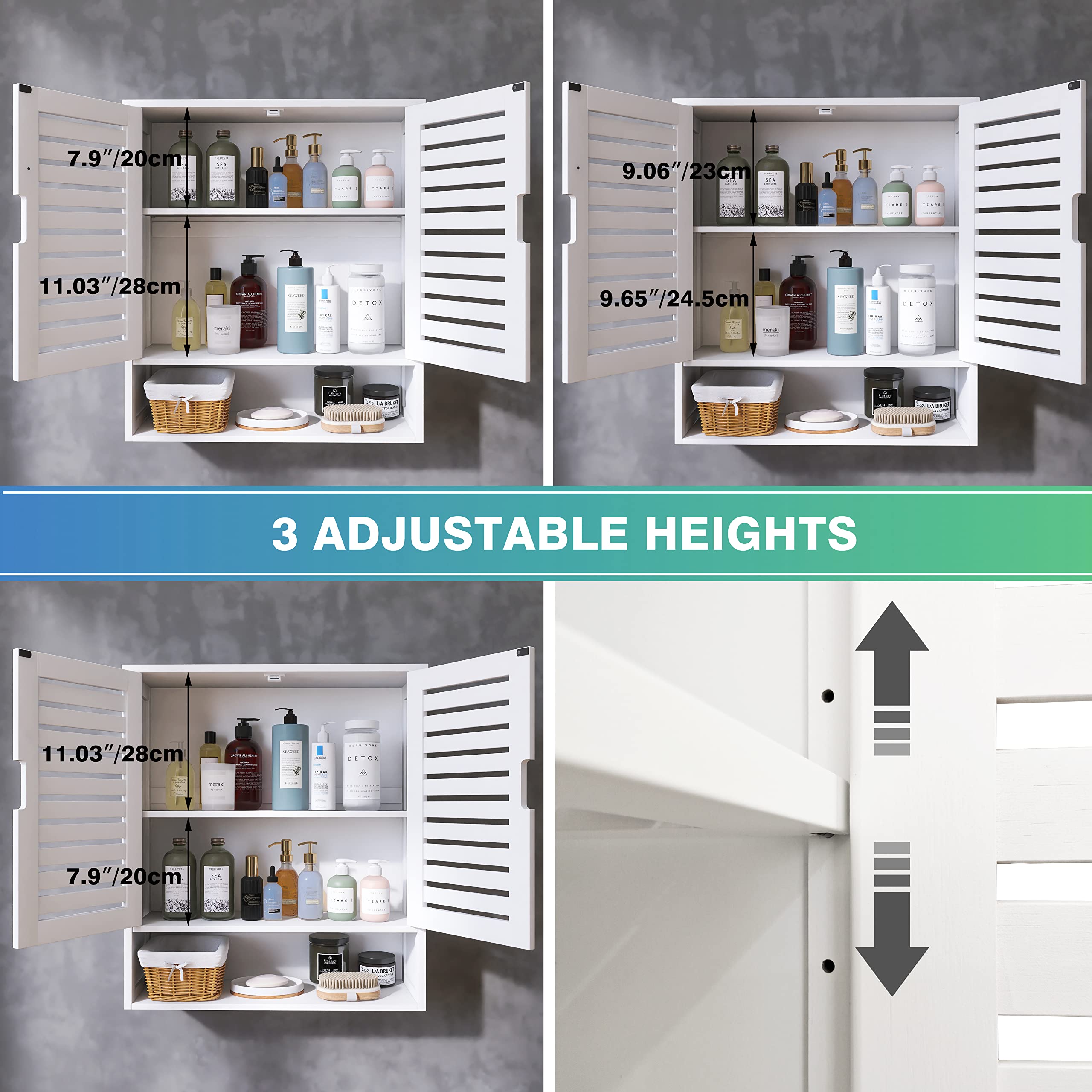 SMIBUY White Bamboo Over-The-Toilet Storage Cabinet - Wall Mounted Bathroom Organizer with 2 Doors & Adjustable Shelves for Medicine, Cosmetics & Toiletries - Perfect for Small Bathroom Space Saving Solutions