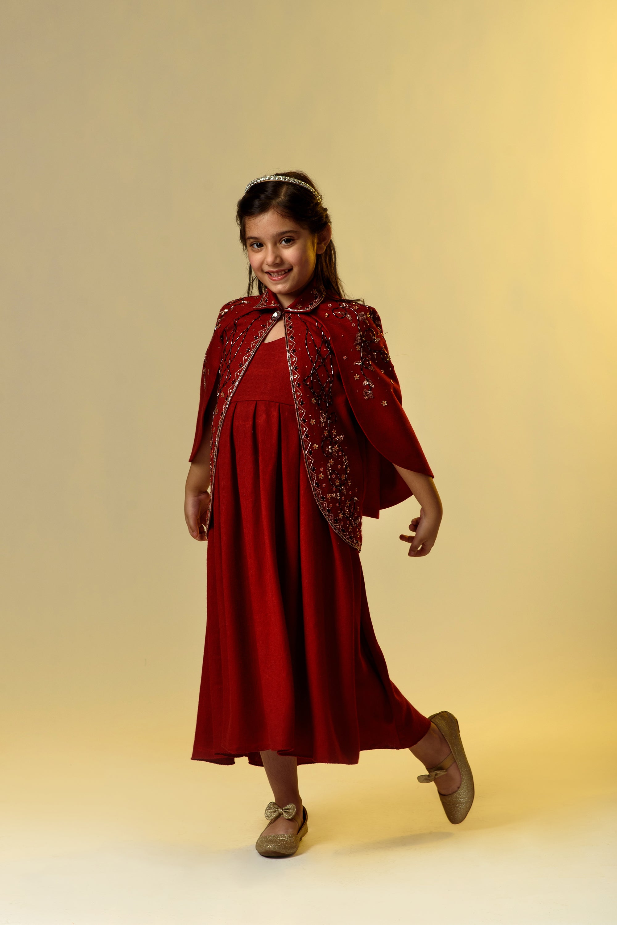 Rosy Finch Girls' Double Flared Red Embroidered Jacket with Long Wool Dress - Winter Fashion Outfit for School, Parties & Holiday Photos