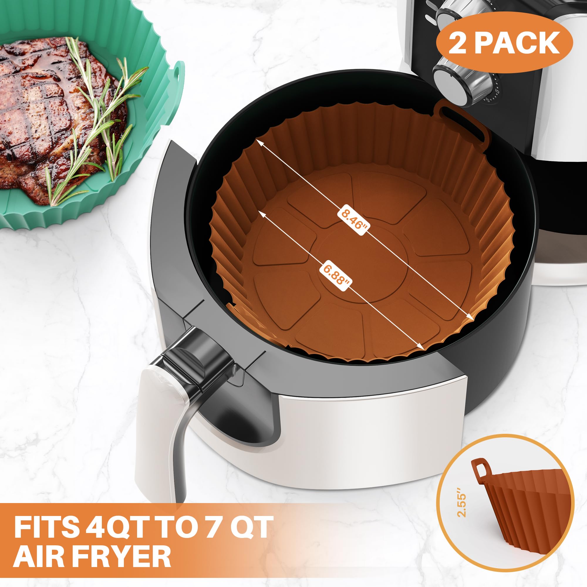 ME.FAN Air Fryer Silicone Liners for 4 to 7 QT [2 Pack] - Reusable Non-Stick Basket with Handles & Vent Holes - Compatible with Most Air Fryers & Ovens - Dark Orange & Mint Green - Perfect for Roasting, Baking & Frying Healthy Meals