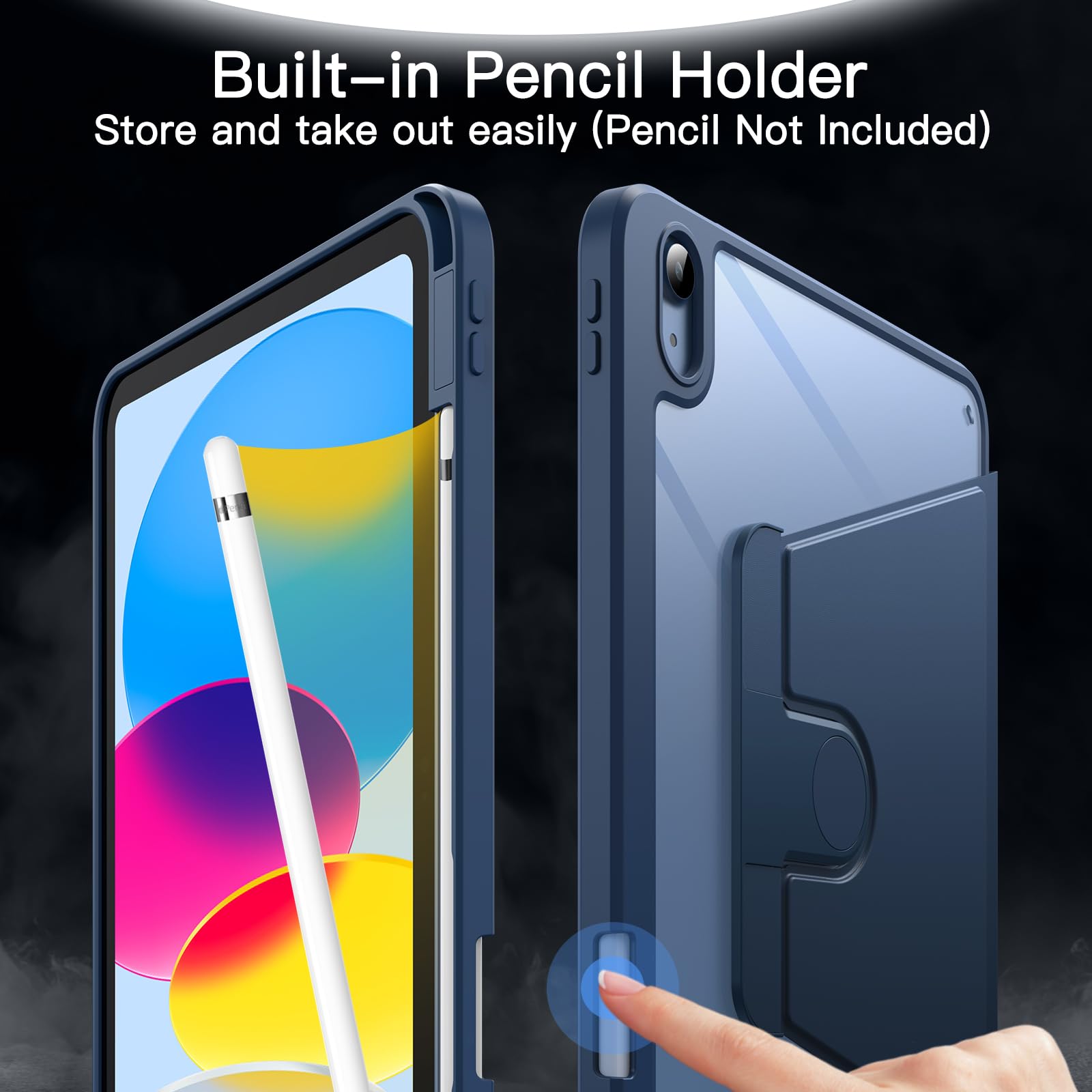 JETech 360° Rotating Protective Case for iPad 11th/10th Gen (2025/2022 Model A16) - Clear Back Stand Cover with Apple Pencil Holder & Auto Wake/Sleep Function - Perfect for Work, Study, and Travel (Navy Blue)