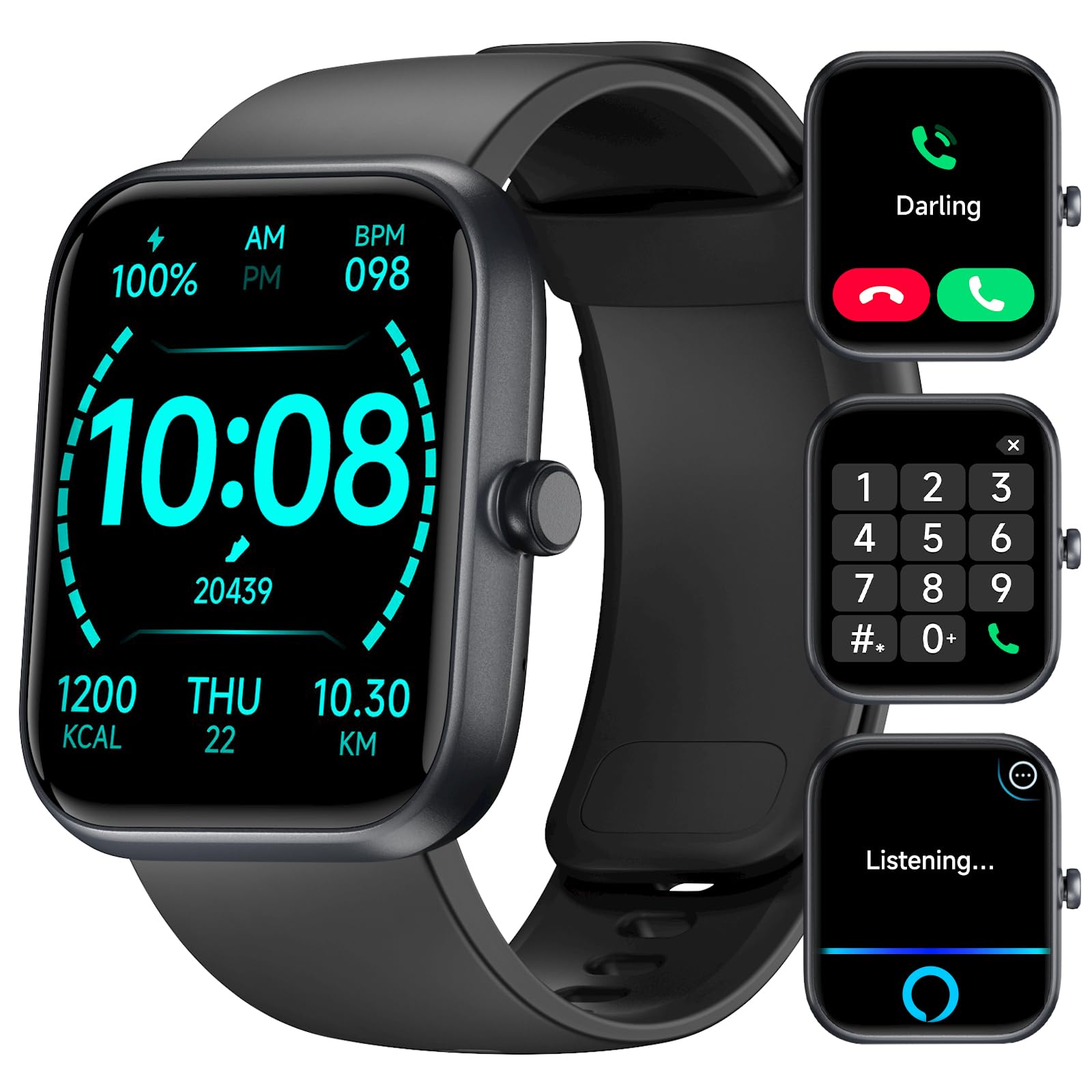 Smart Watch for Women & Men - Large HD Touch Screen, Bluetooth Call, Fitness Tracker with Heart Rate/Sleep Monitor, IP68 Waterproof, Compatible with Android iOS - Perfect for Running, Workouts & Daily Use (Black)