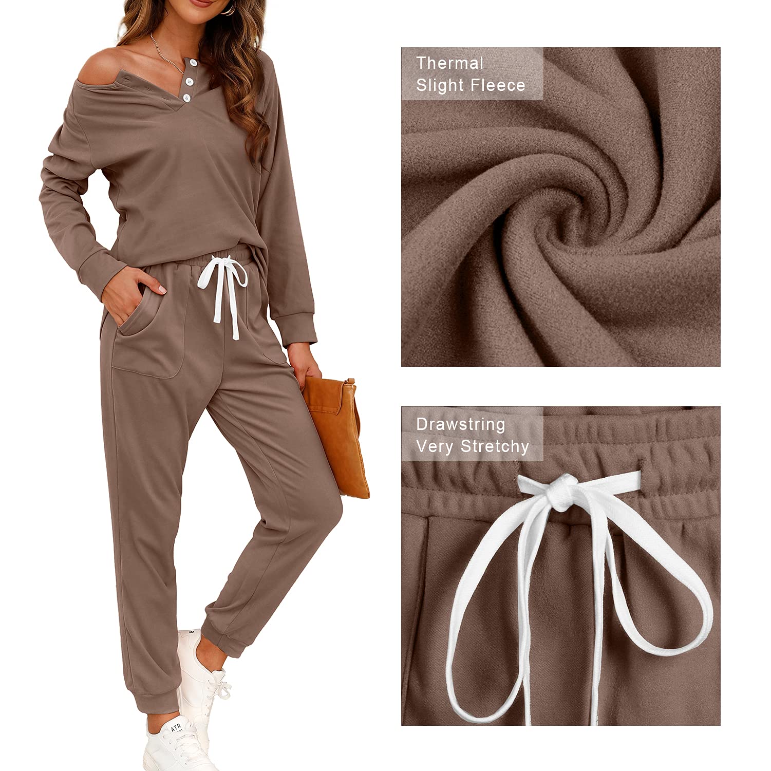 WIHOLL Women's Two-Piece Lounge Set - Button Down Sweatshirt & Sweatpants Outfit with Pockets | Cozy Loungewear for Home, Yoga, and Casual Wear