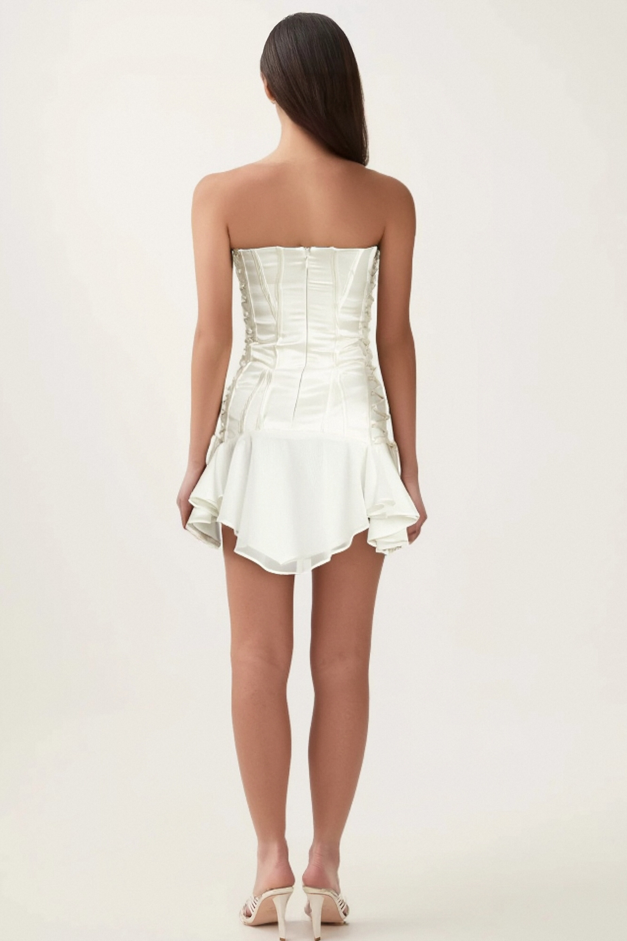 Elegant White Tulle Panel Lace-Up Mini Dress for Women - Perfect for Weddings, Parties, and Special Occasions