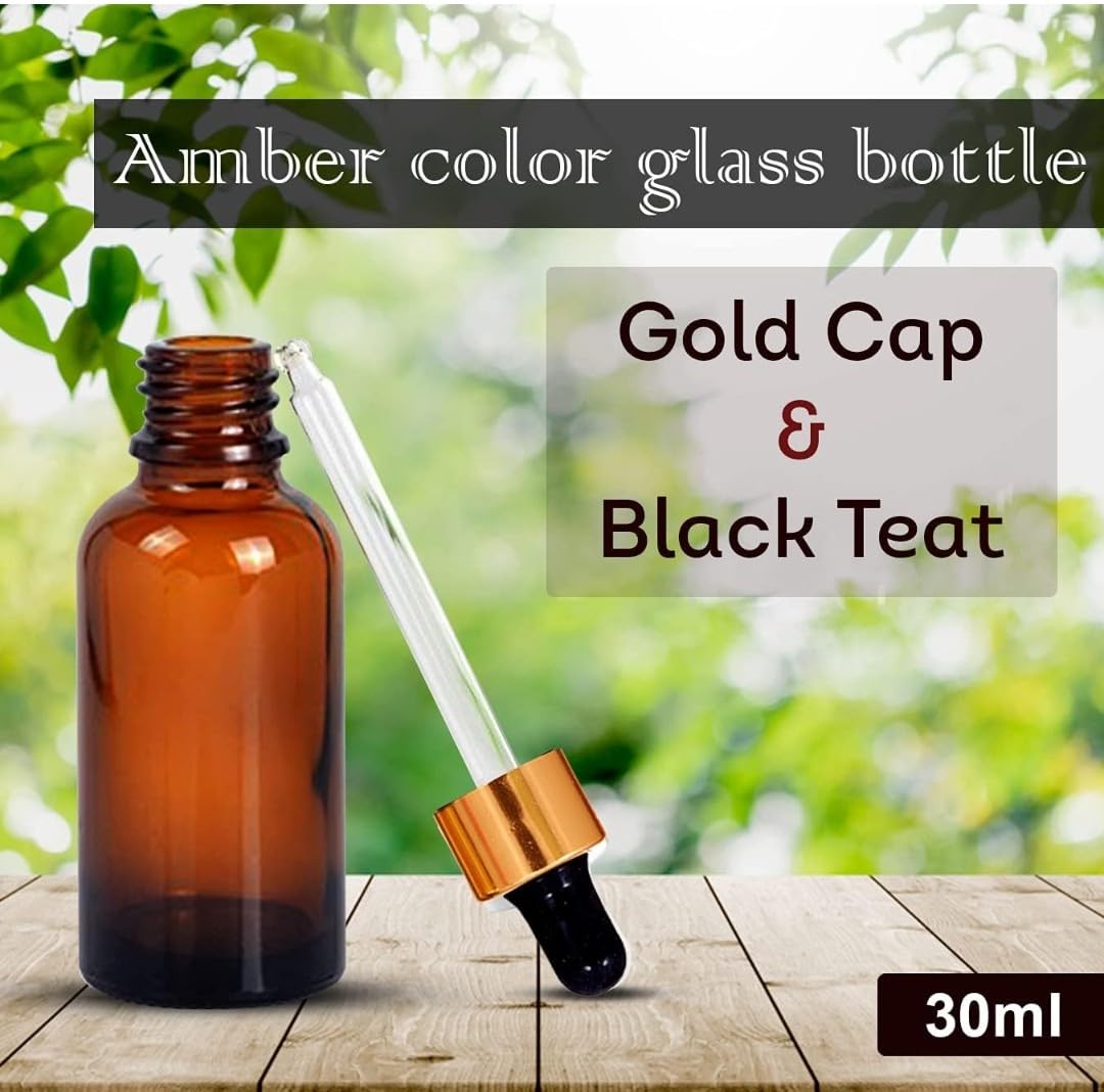 30ml Amber Glass Bottle with Dropper & Golden Ring - Refillable Essential Oil Bottles for DIY Perfumes, Aromatherapy, Skincare (Pack of 6) | Perfect for Travel, Gifts & Home Use