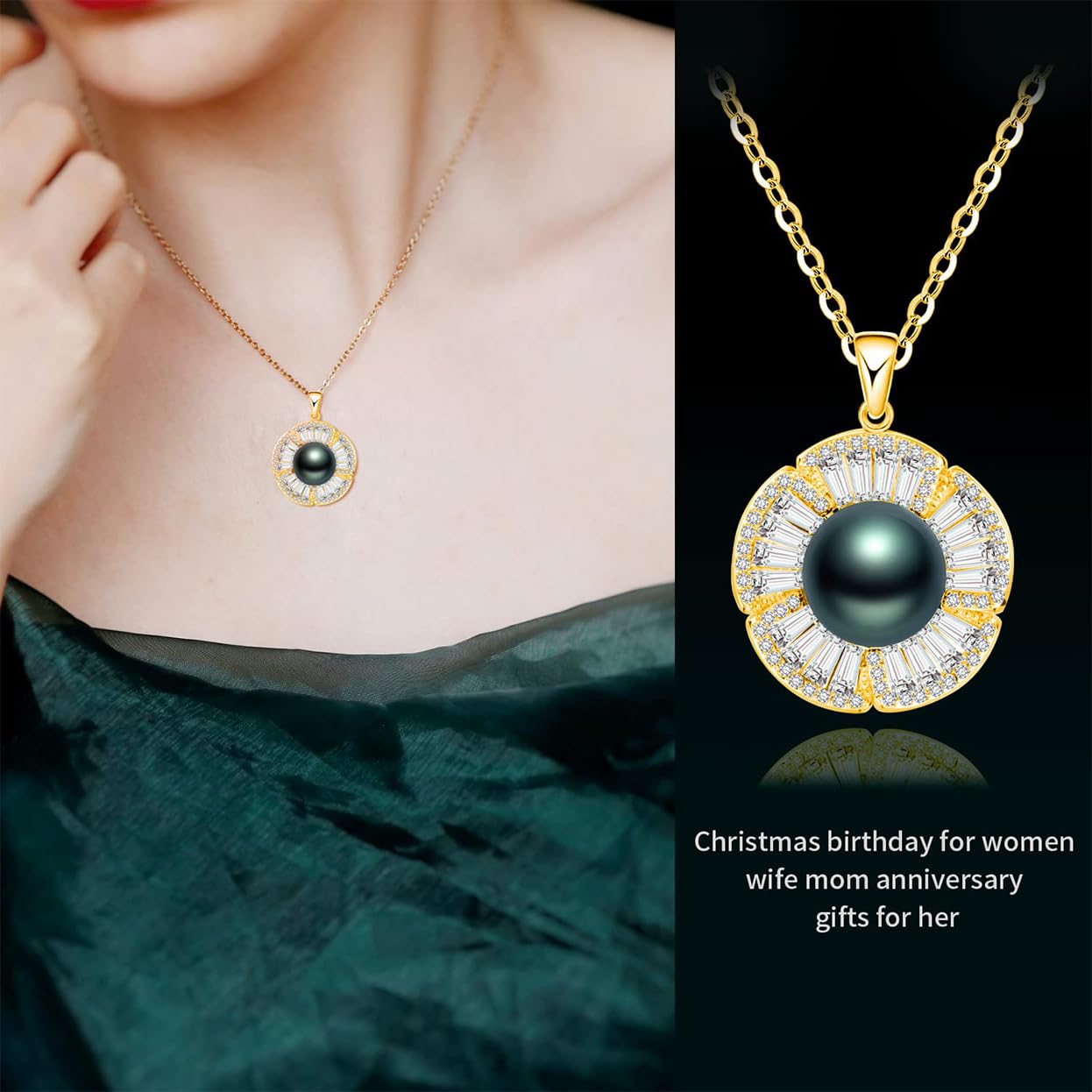 Tahitian Black Pearl Necklace for Women - 18K Gold Plated Sterling Silver Pearl Pendant - Elegant Gift for Wife, Mom, Girlfriend - Perfect for Wedding, Birthday, Anniversary, Mother's Day, Valentine's Day & Christmas - Timeless Jewelry for Special Occasions & Evening Events