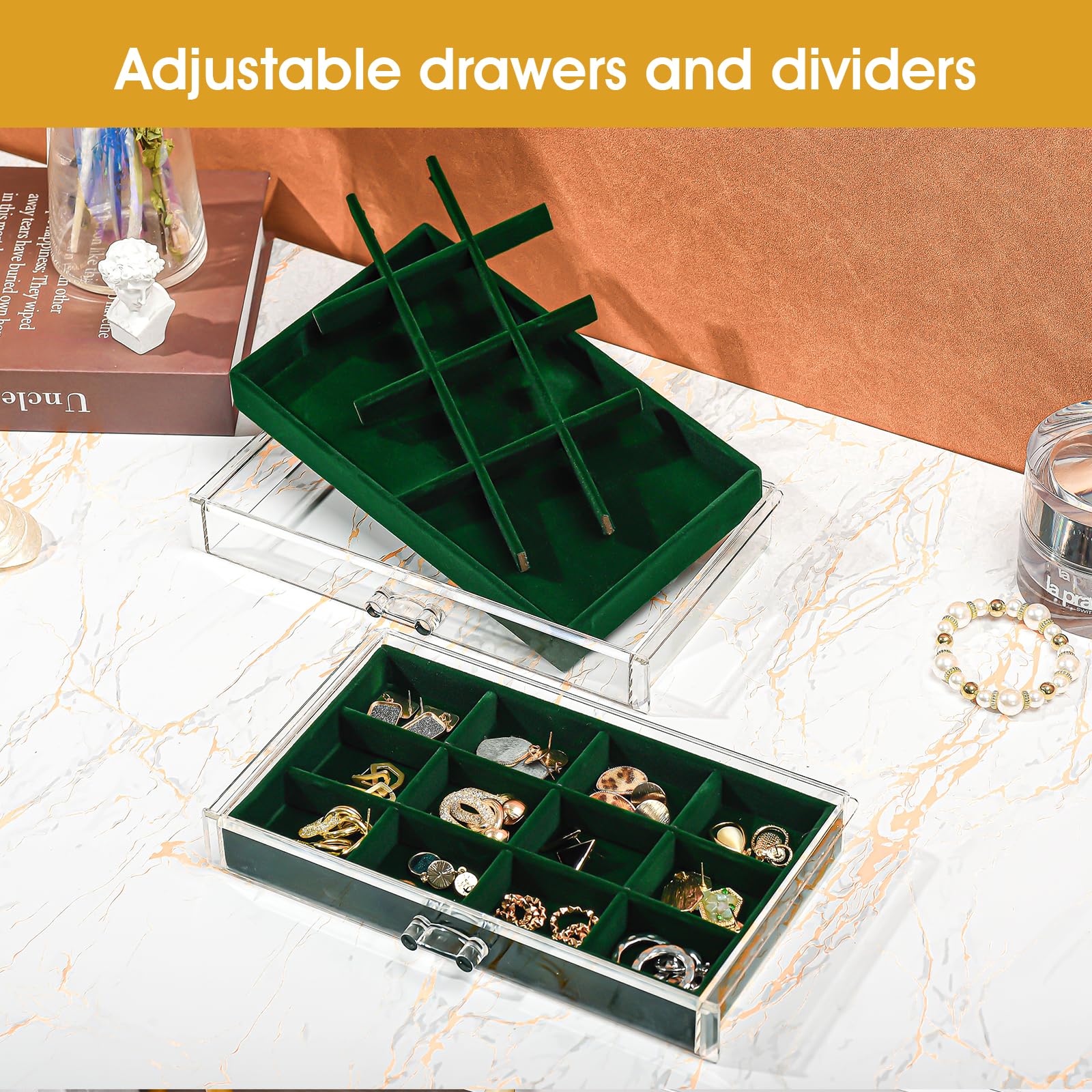 ProCase 5-Drawer Acrylic Jewelry Organizer Box with Adjustable Velvet Trays - Clear Earring Holder for Women (Emerald Green) | Perfect for Bedroom Vanity, Closet Storage & Travel Jewelry Case