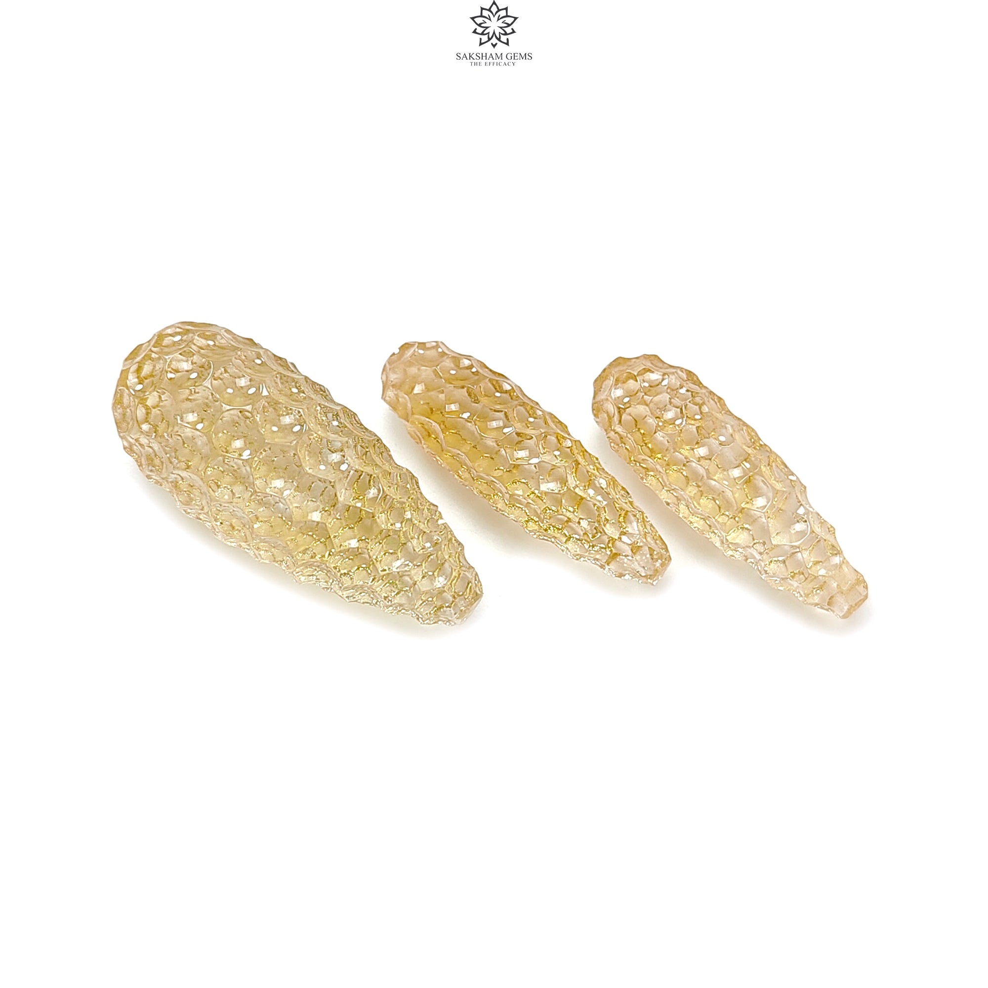 Natural Untreated Yellow Citrine Gemstone Carving - 42.40cts Hand Carved Teardrop Shape 23mm-28mm 3pc Set | November Birthstone Jewelry | Perfect for Necklace Pendants, Earrings & Gift Giving