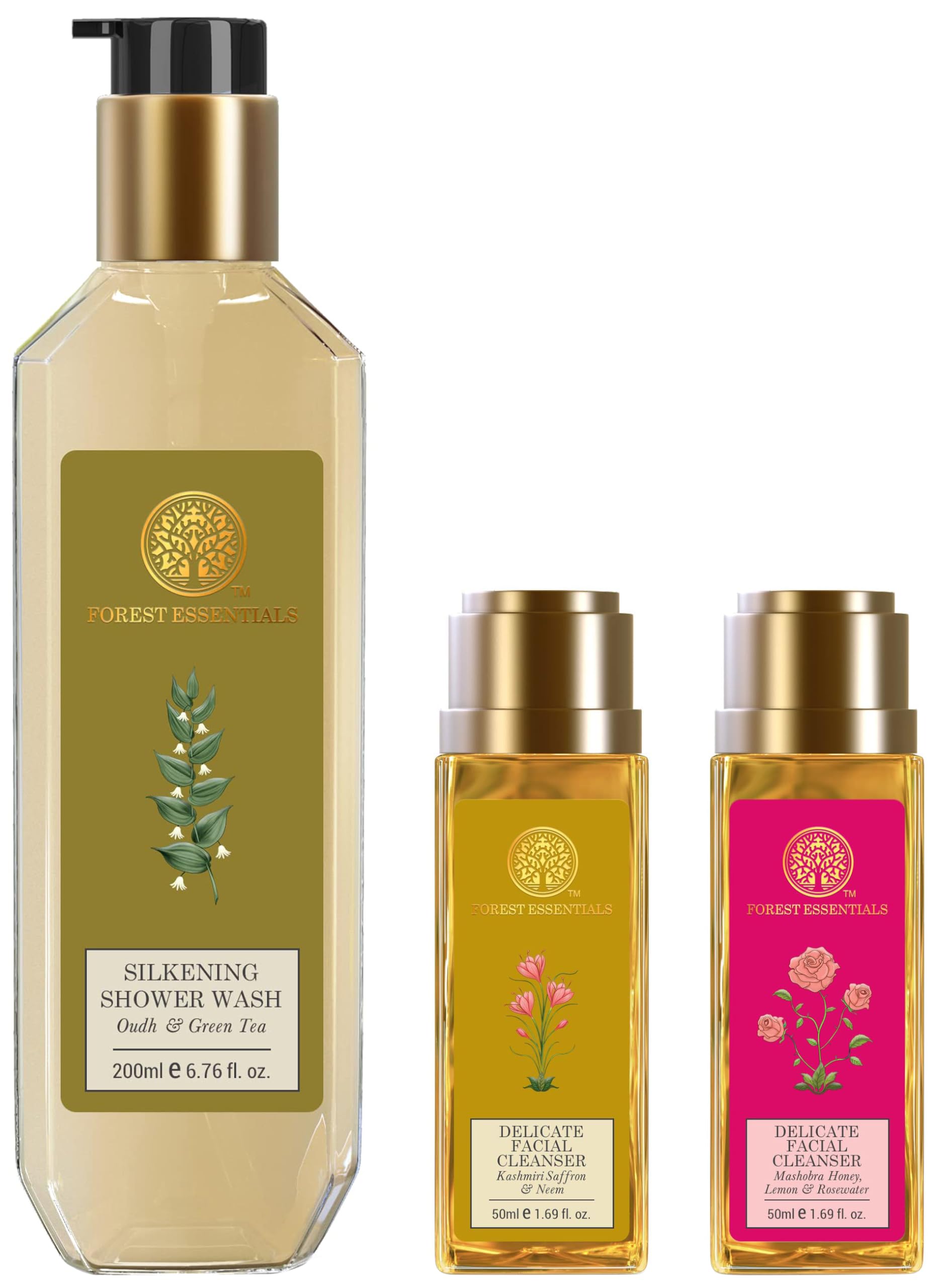 1. Forest Essentials Silkening Shower Wash with Oudh - Luxurious Ayurvedic Body Cleanser for Soft Skin | Perfect for Spa Days & Relaxing Baths   2. Forest Essentials Delicate Facial Cleanser with Kashmiri Saffron - Gentle Ayurvedic Face Wash for Radiant Skin | Ideal for Daily Skincare Routine   3. Forest Essentials Delicate Facial Cleanser with Mashobra Honey, Lemon & Rosewater - Nourishing Ayurvedic Face Wash for Glowing Skin | Great for Morning & Night Cleansing