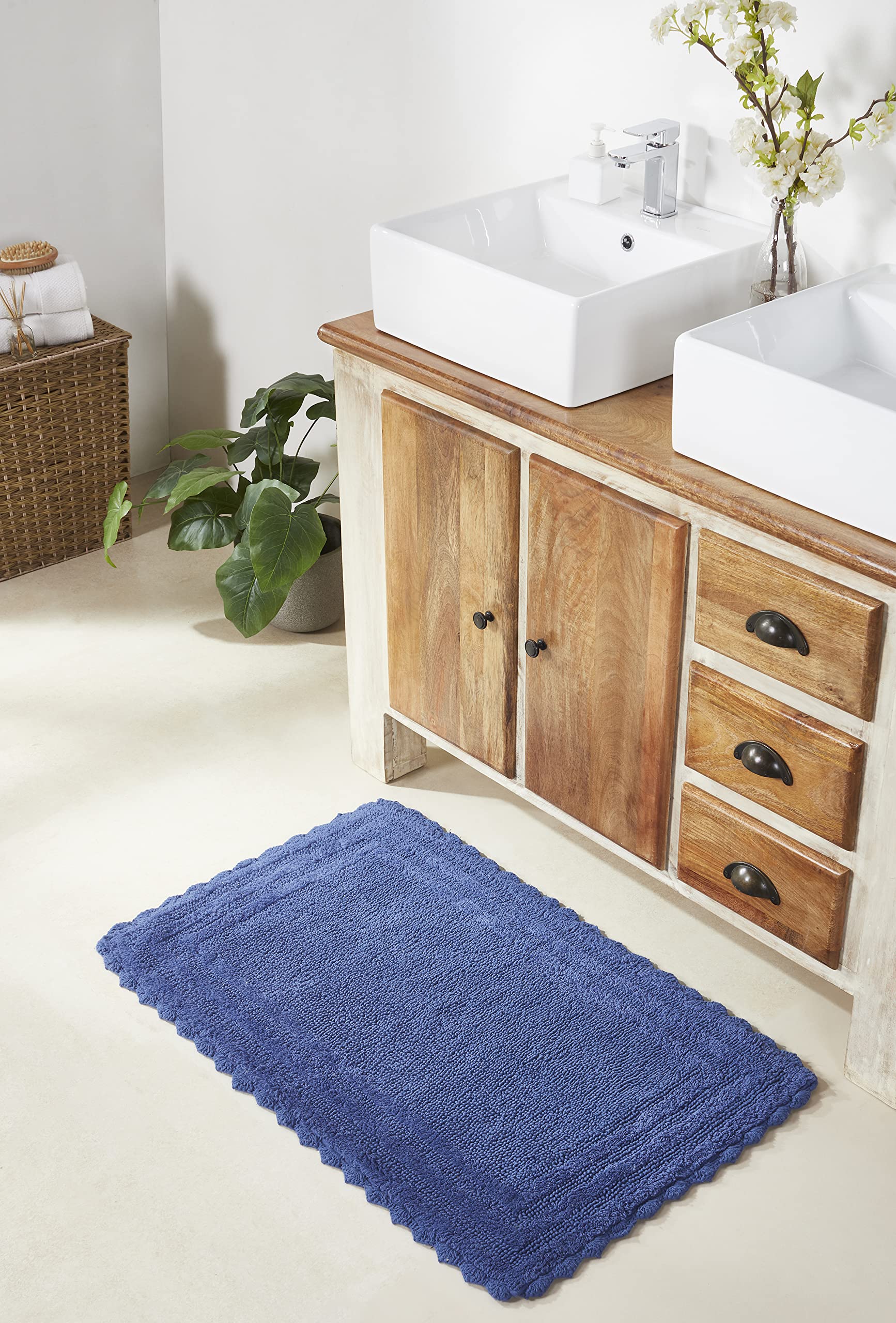 Better Trends 3-Piece Bathroom Rug Set - 100% Cotton, Machine Washable, Reversible & Absorbent Bath Mats with Blue Crochet Design (Lilly Collection) - Perfect for Bathroom Floor, Tub, and Shower Areas