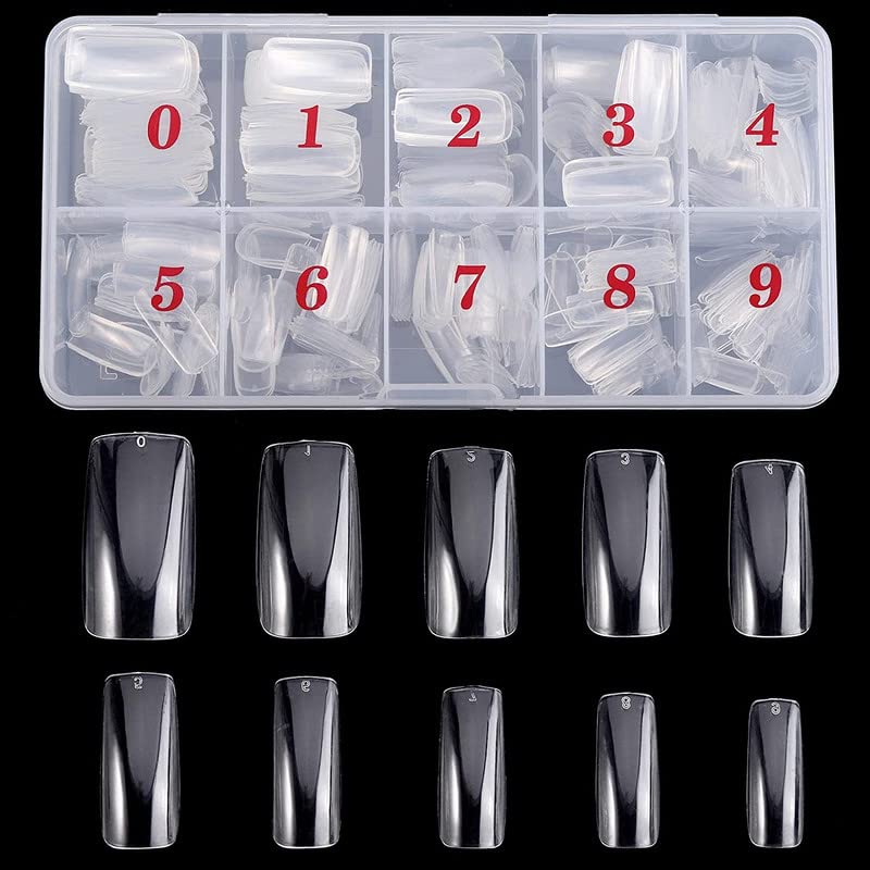 RECTYO GALLERY 100PCS Clear Acrylic Nail Tips - Full Cover Short Square Fake Nails for Manicure, 10 Sizes - Perfect for DIY Nail Art, Salon & Home Use