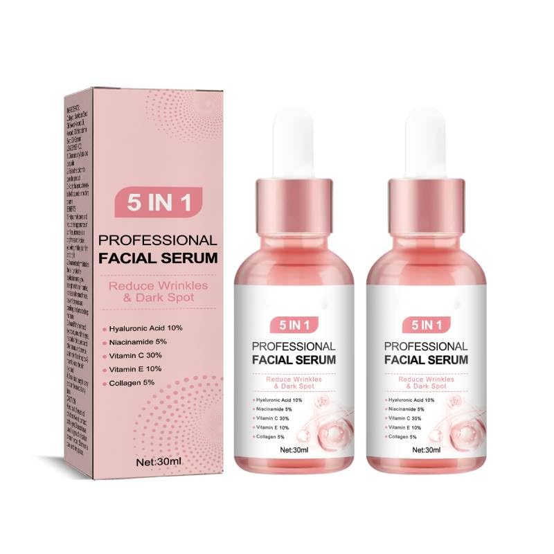 5 in 1 Anti-Aging Facial Serum with Vitamin C, E, Hyaluronic Acid, Collagen & Niacinamide - Brightening, Hydrating & Firming Skin Treatment for Even Tone - Perfect for Daily Skincare & Night Routine