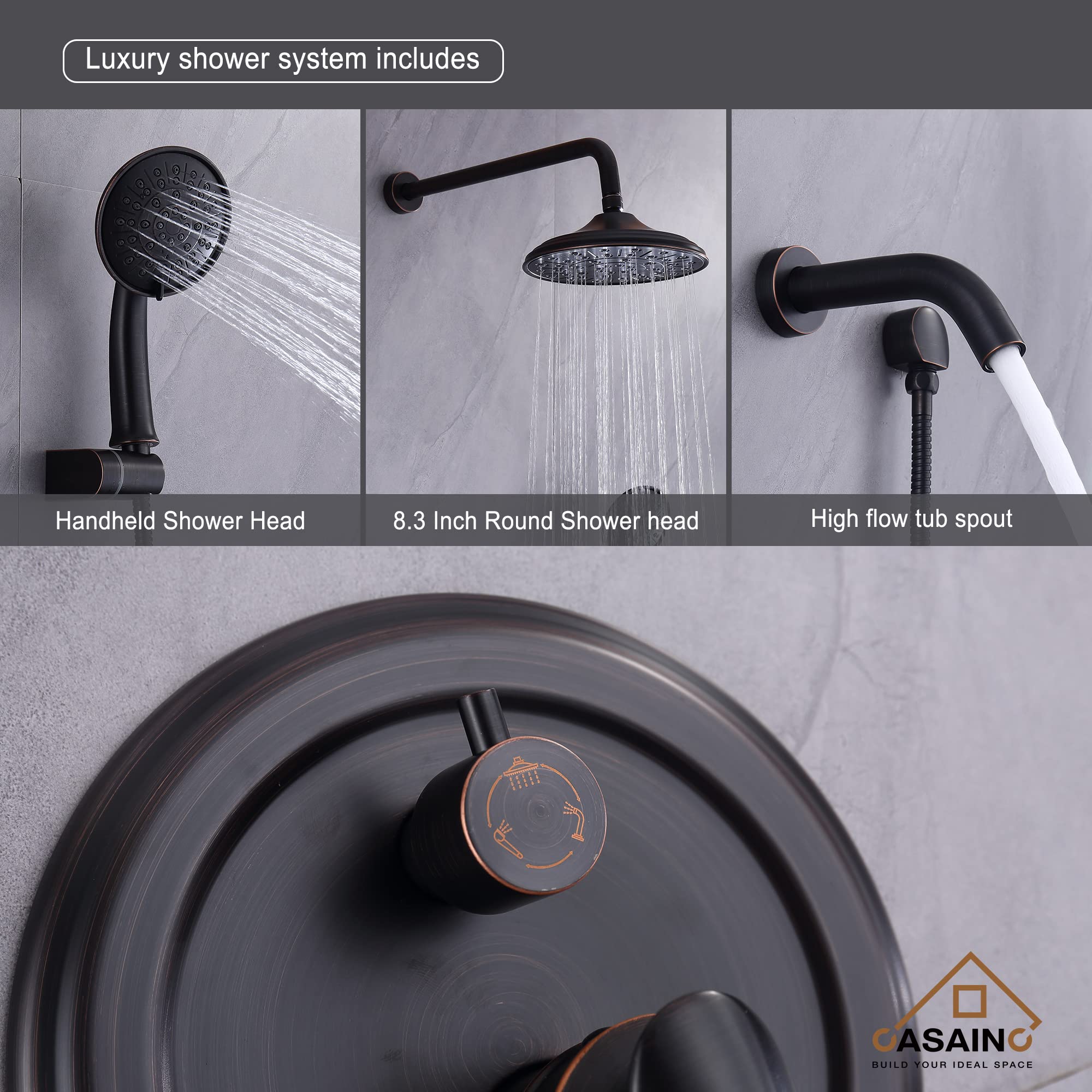Premium 8-Inch Rain Shower System - Oil Rubbed Bronze Wall Mounted Shower Faucet Set with Pressure Balanced Valve & Tub Spout - Perfect for Modern Bathrooms & Spa-Like Shower Experience