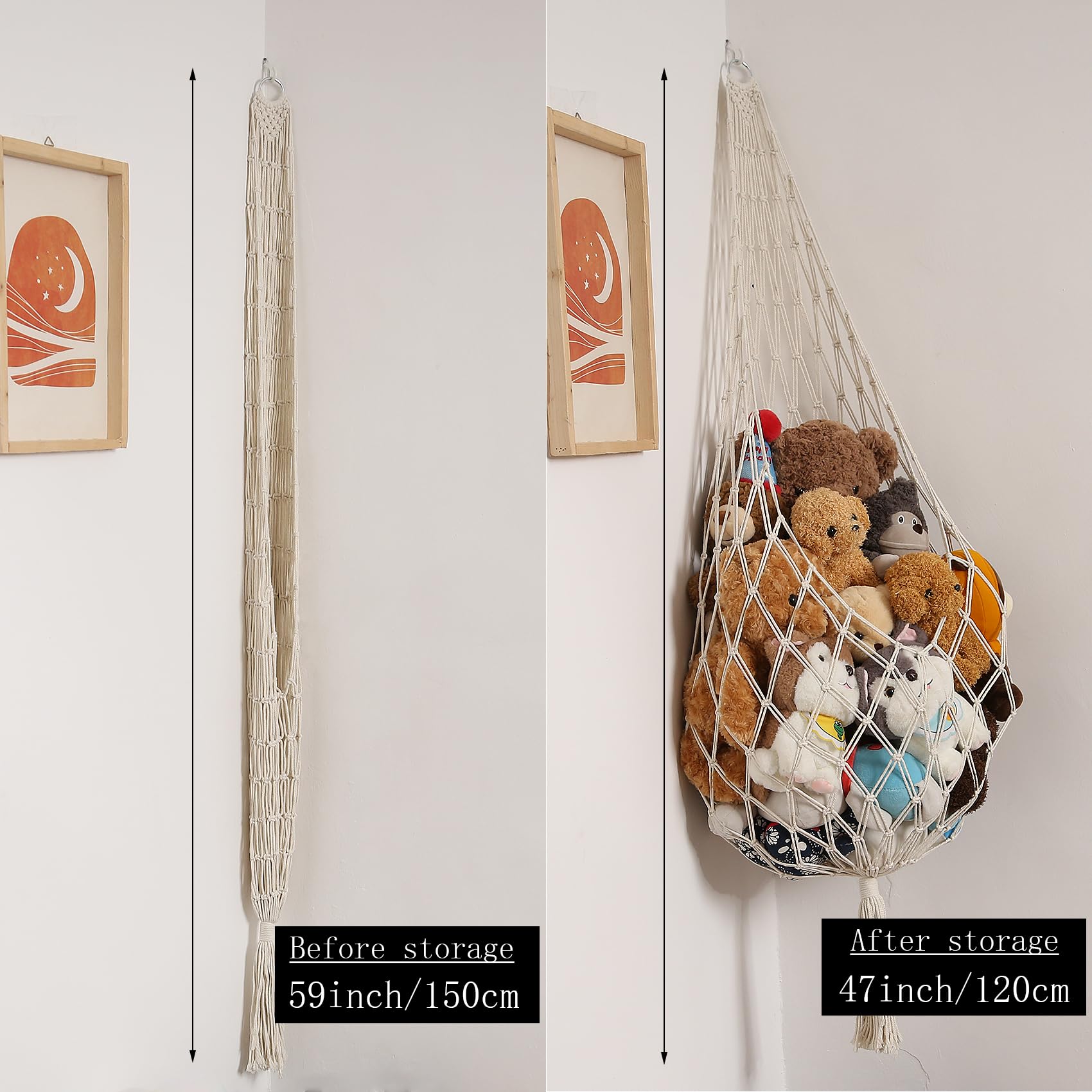 Macrame Toy Hammock - Stuffed Animal Storage Organizer, Hanging Net for Plush Toys, Boho Nursery & Kids Bedroom Decor (Cream) - Perfect for Playroom Organization & Stuffy Display