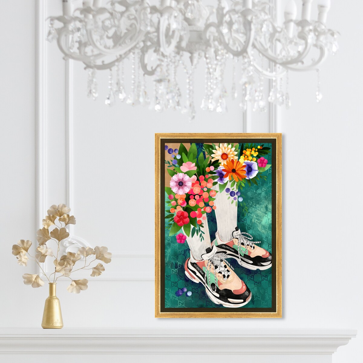 Stylish Floral Sneakers & Socks Set with Modern Green Canvas Wall Art - Perfect for Bedroom Decor and Casual Outfits