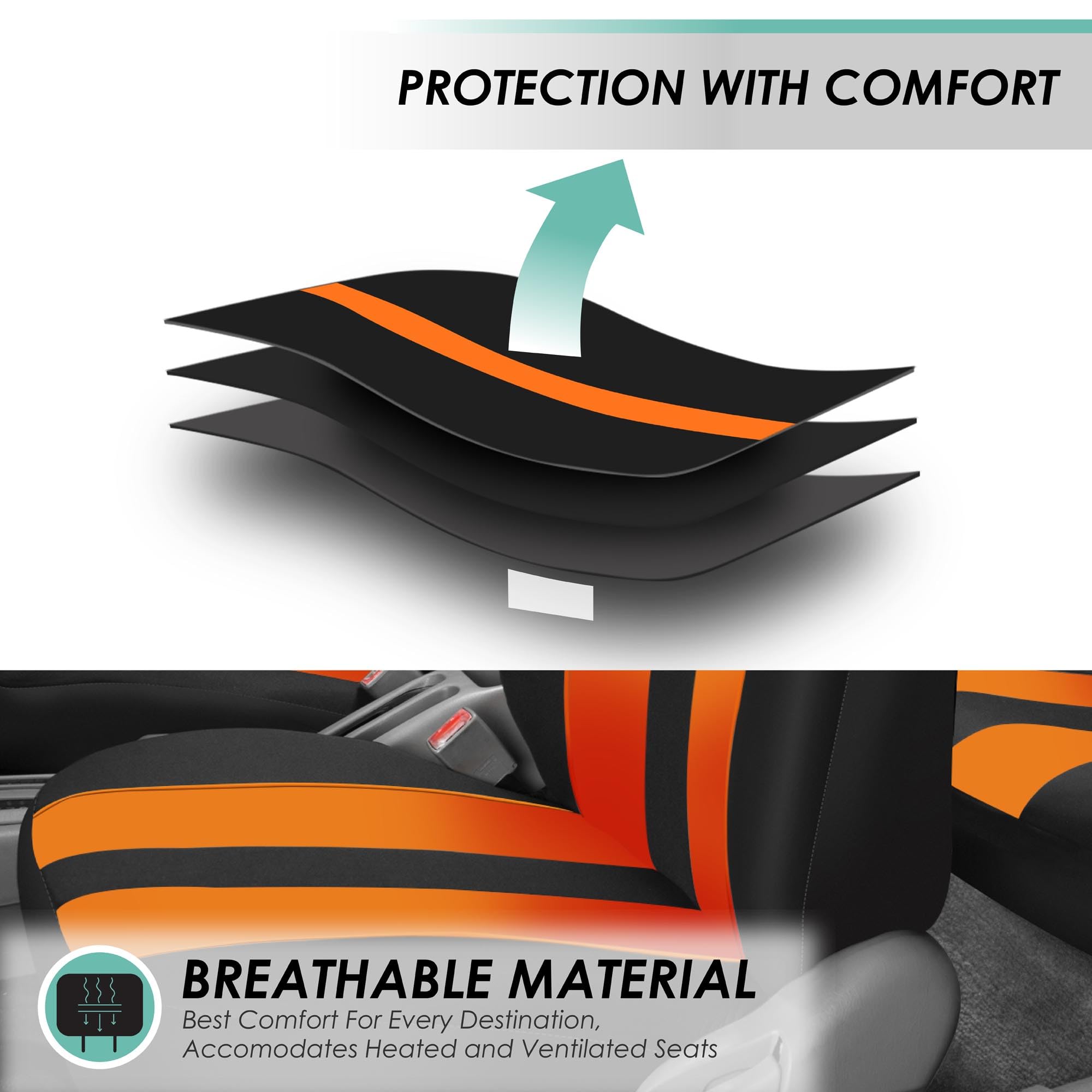 FH Group Universal Fit Car Seat Covers Full Set - Breathable Cloth Fabric, Airbag Compatible, Split Bench Design for SUV, Sedan, Van (Orange) | Perfect for Road Trips, Daily Commutes & Protecting Seats from Pets, Spills & Wear