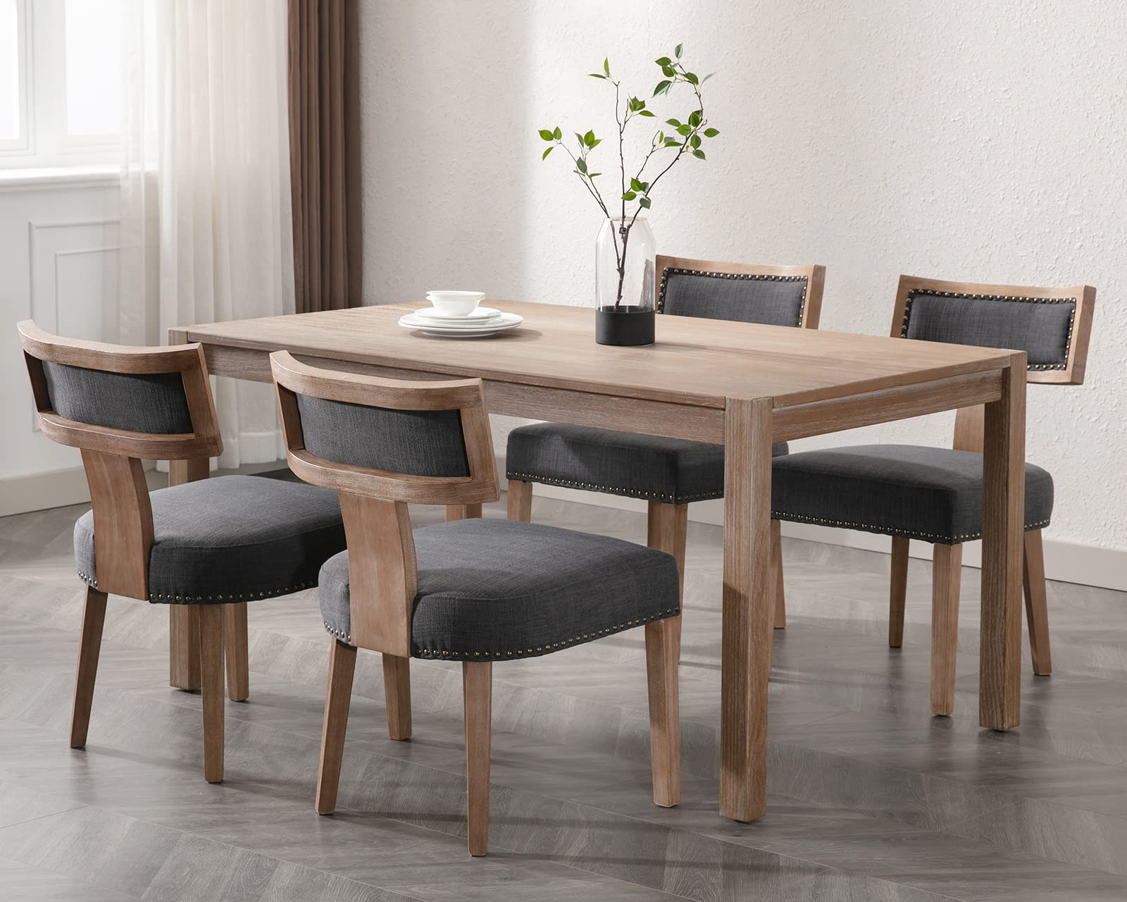 Mid Century Modern Dining Chairs Set of 4 - Farmhouse Style Linen Upholstered Accent Chairs with Curved Nailhead Trim & Hardwood Frame in Charcoal - Perfect for Kitchen, Dining Room, Breakfast Nook and Farmhouse Decor