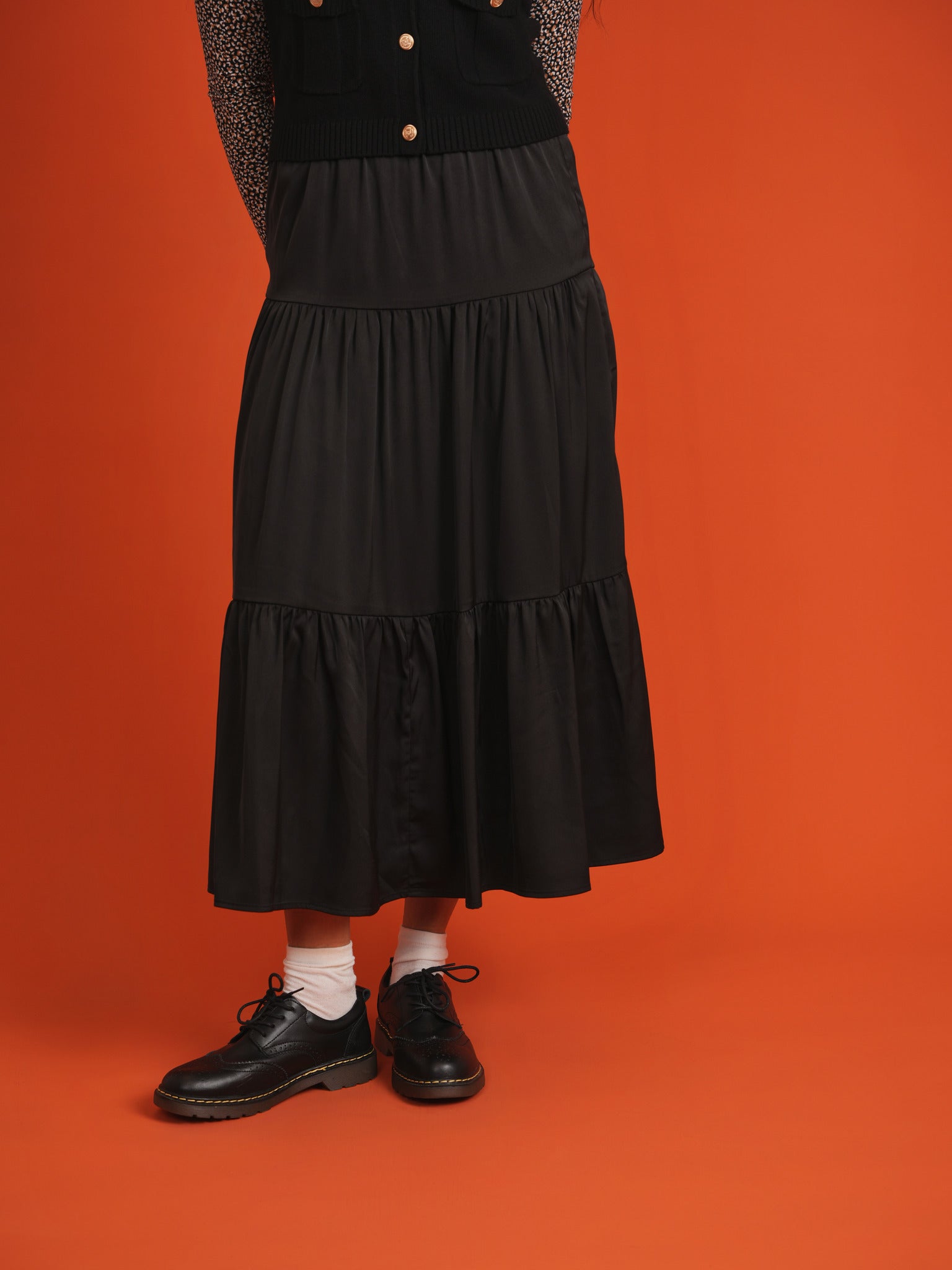 Elegant Midi Satin Tiered Skirt for Women - Flowy A-Line Party Dress with Ruffle Hem - Perfect for Weddings, Date Nights & Special Occasions