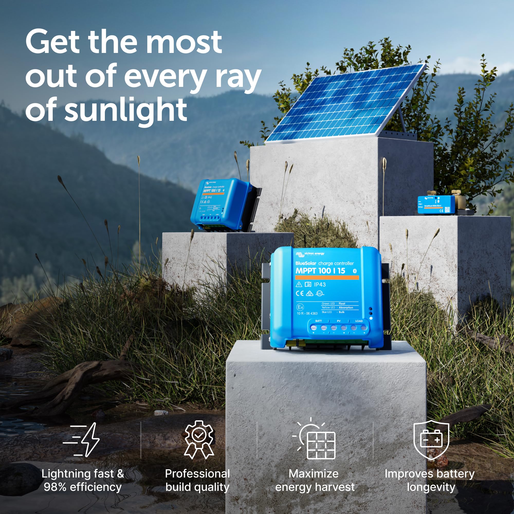 Victron Energy BlueSolar MPPT Solar Charge Controller 100V 15A 12/24V - High Efficiency Solar Panel Battery Charger for Off-Grid RV, Boat & Home Solar Power Systems