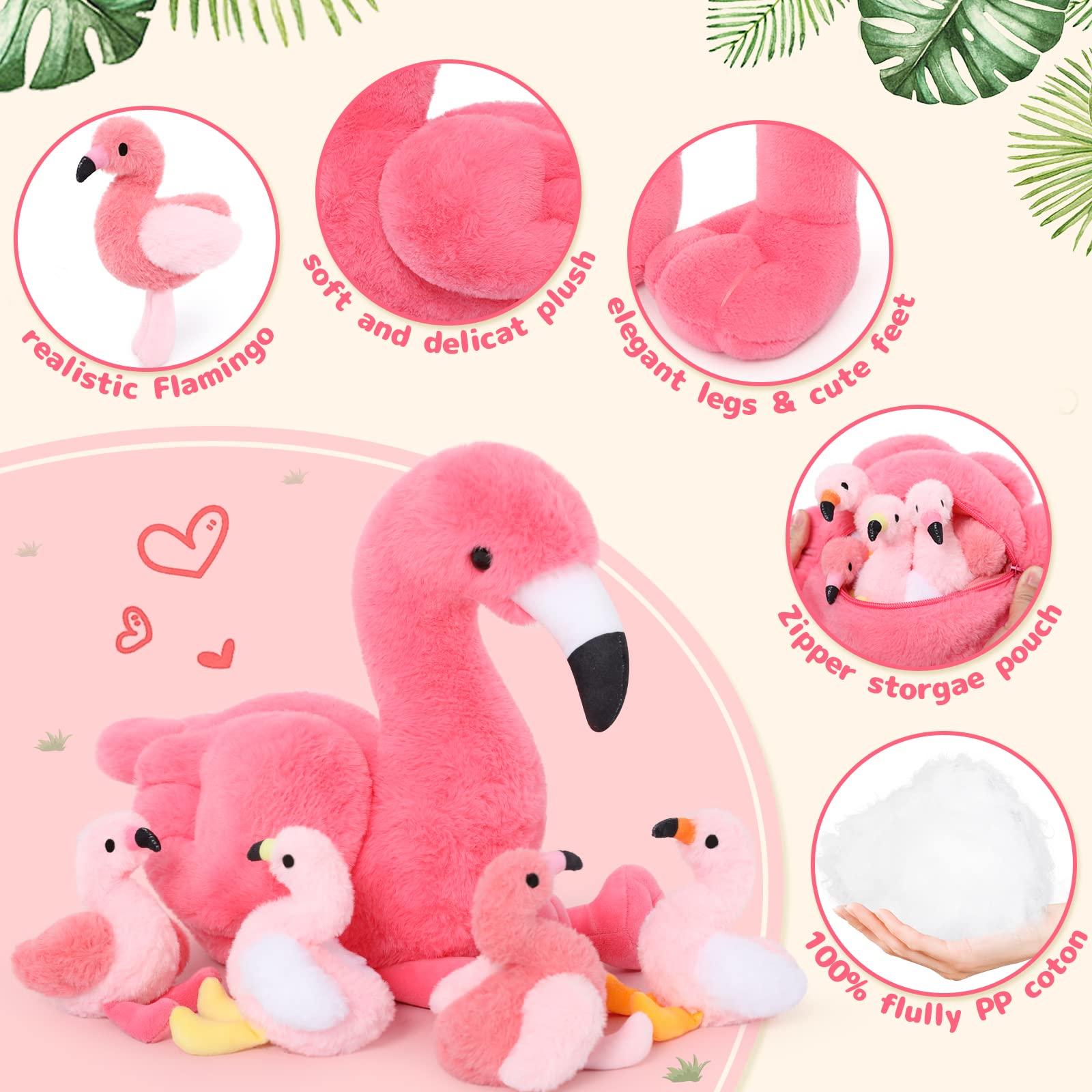 MorisMos 18 Inch Pink Flamingo Stuffed Animal with 4 Baby Bird Plush Toys Inside Zipper Tummy - Soft Plushie Gift Set for Girls, Women, Home Decor, Birthday, Christmas & Valentine's Day - Perfect for Nursery Decor, Cuddling & Gift Giving