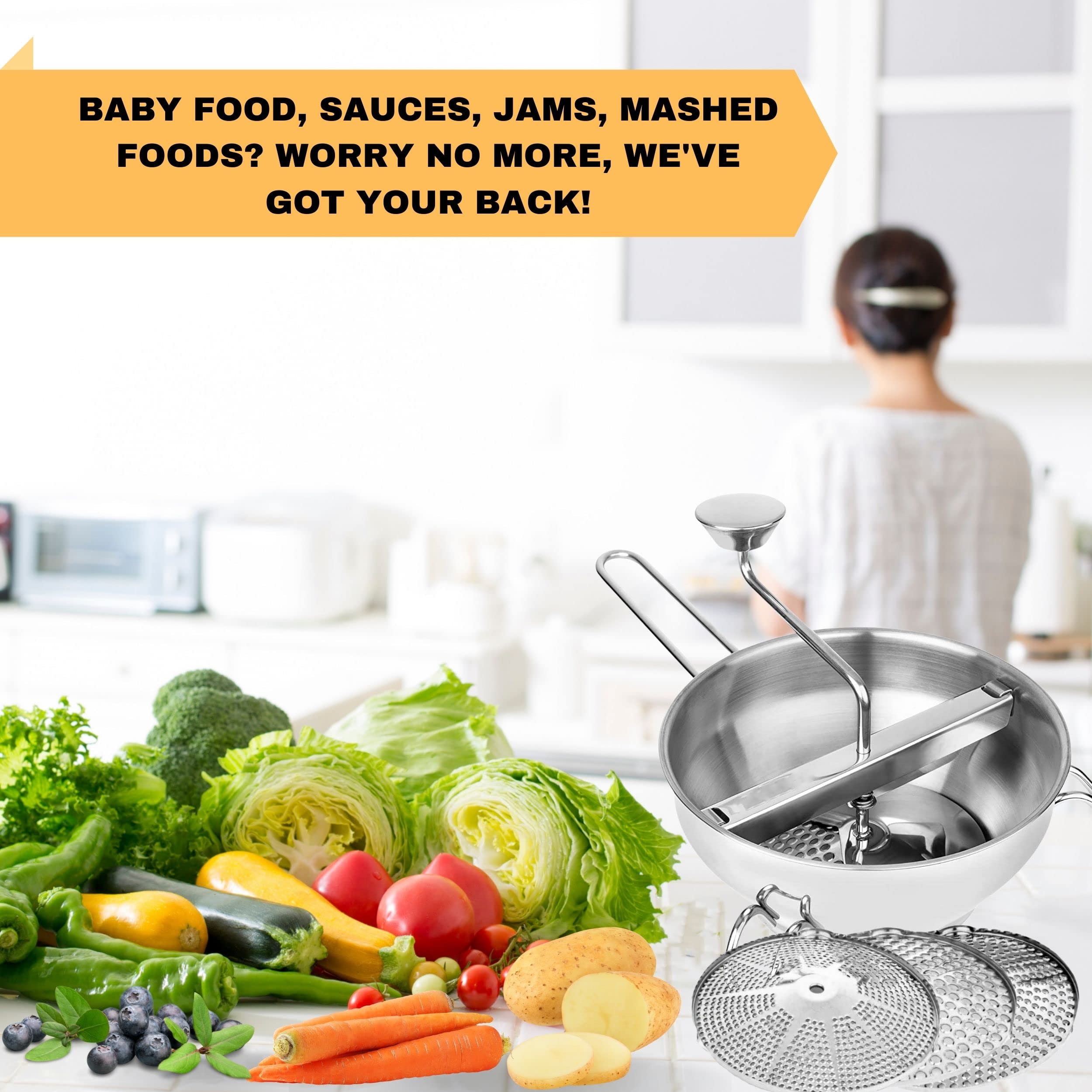 Premium Stainless Steel Food Mill with 3 Interchangeable Grinding Discs - Professional Kitchen Tool for Making Tomato Sauce, Mashed Potatoes, Purees, Baby Food & Canning - Dishwasher Safe - Perfect for Home Cooking, Restaurant Use & Food Preservation