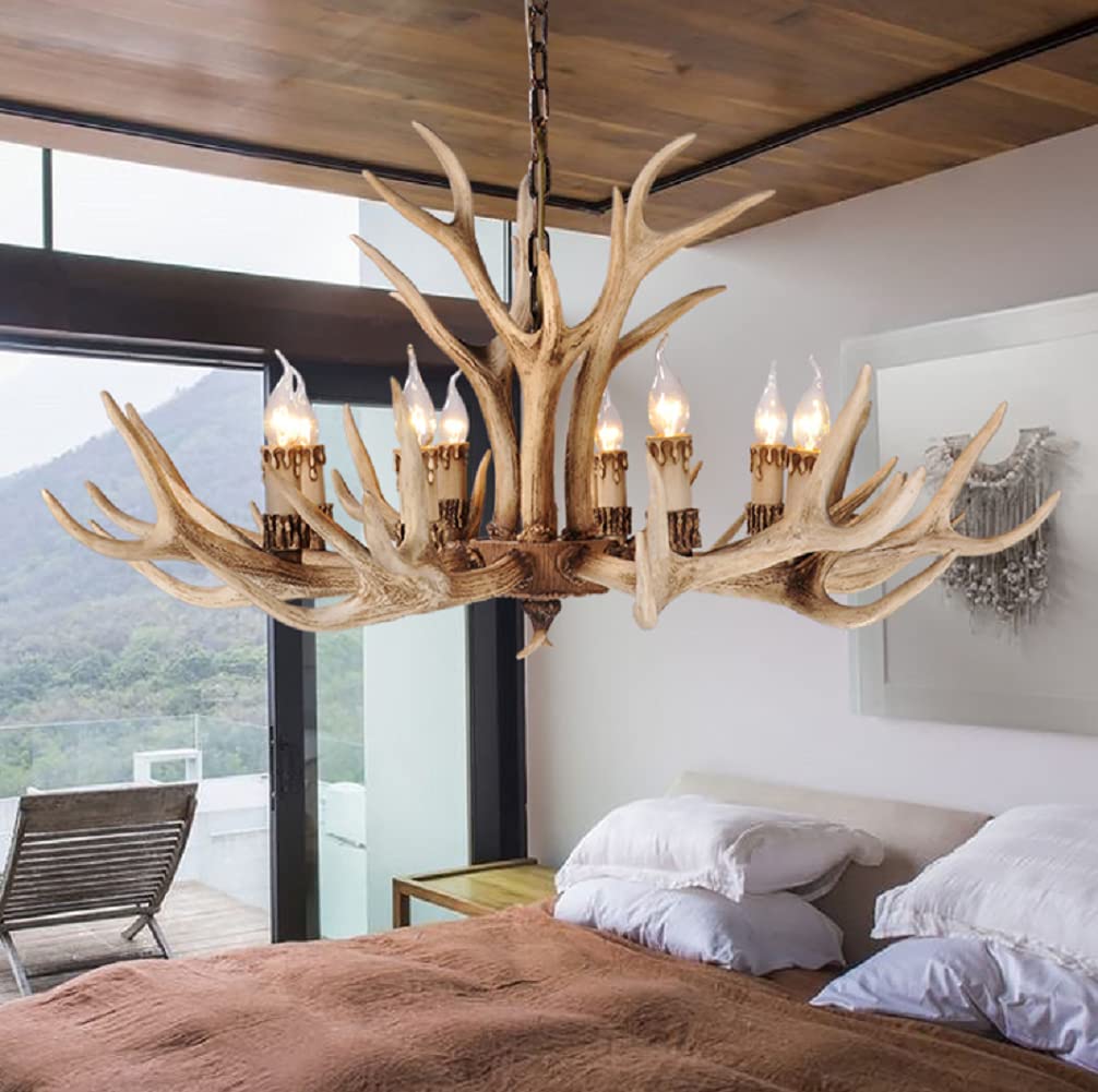 Vintage Antler Chandelier - 8-Light Deer Horn Pendant Light in Rustic Brown Resin for Farmhouse Dining Room | Perfect for Cabin, Lodge & Rustic Home Decor