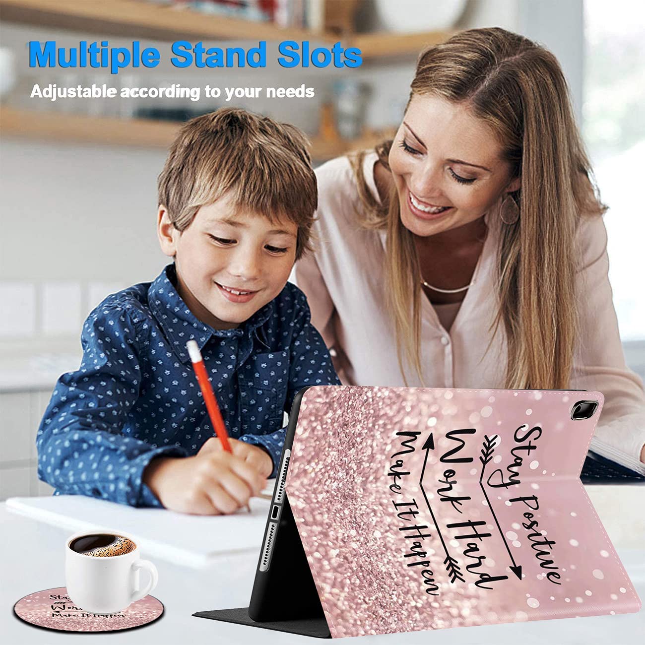 Premium Shockproof Case for iPad 10.2 (8th Gen 2020/7th Gen 2019) & iPad Air/Pro 10.5 (2019) with Inspirational Coasters Set - Rose Gold Rainbow Glitter Design | Perfect for Office, Study & Travel Protection