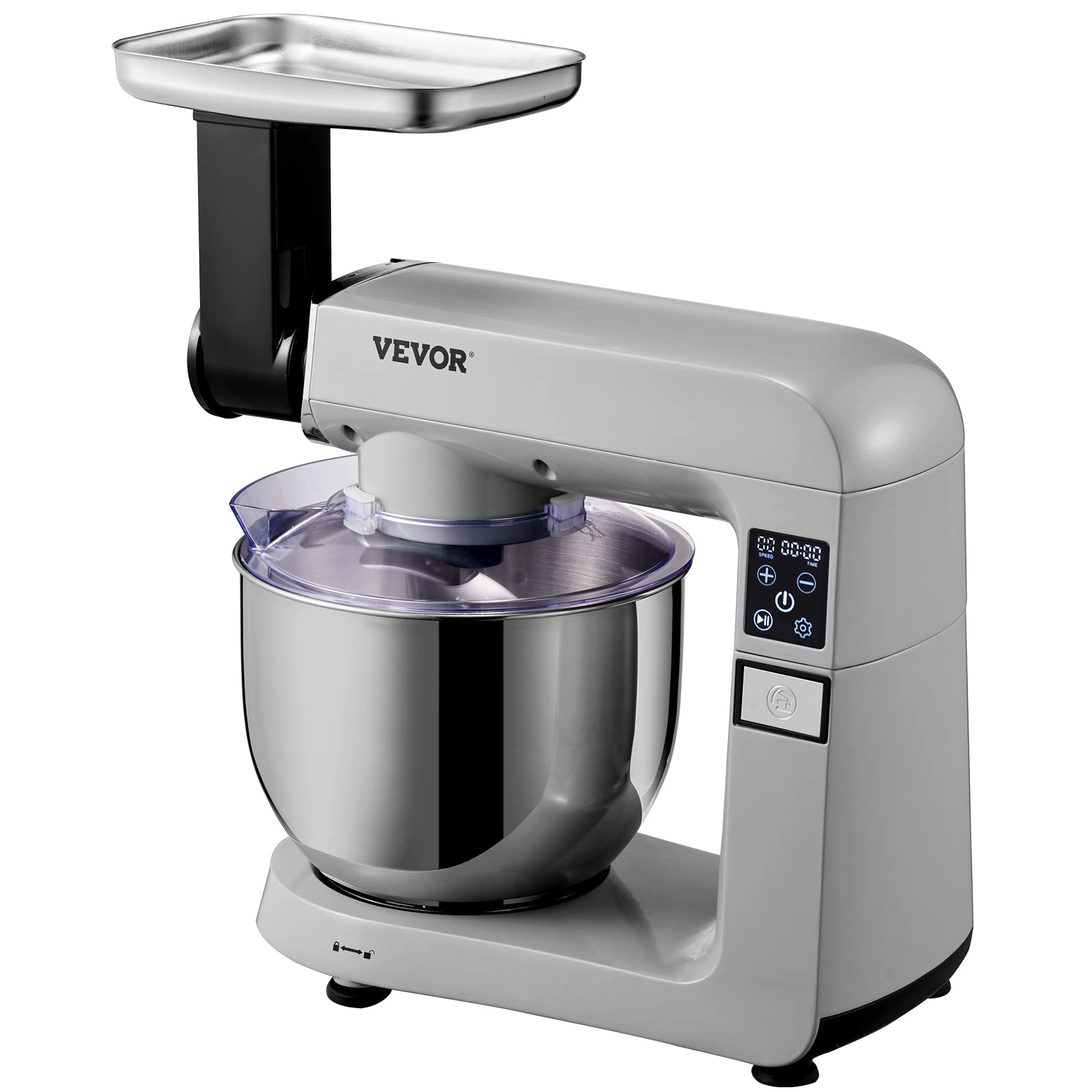 VEVOR 6-in-1 Stand Mixer 450W Tilt-Head Electric Kitchen Mixer with 6 Speeds LCD Timer, 7.4Qt Stainless Steel Bowl - Includes Dough Hook, Flat Beater, Whisk, Scraper, Grinder & Sausage Stuffer - Perfect for Baking, Cooking, Meal Prep & Home Kitchen Use (Gray)