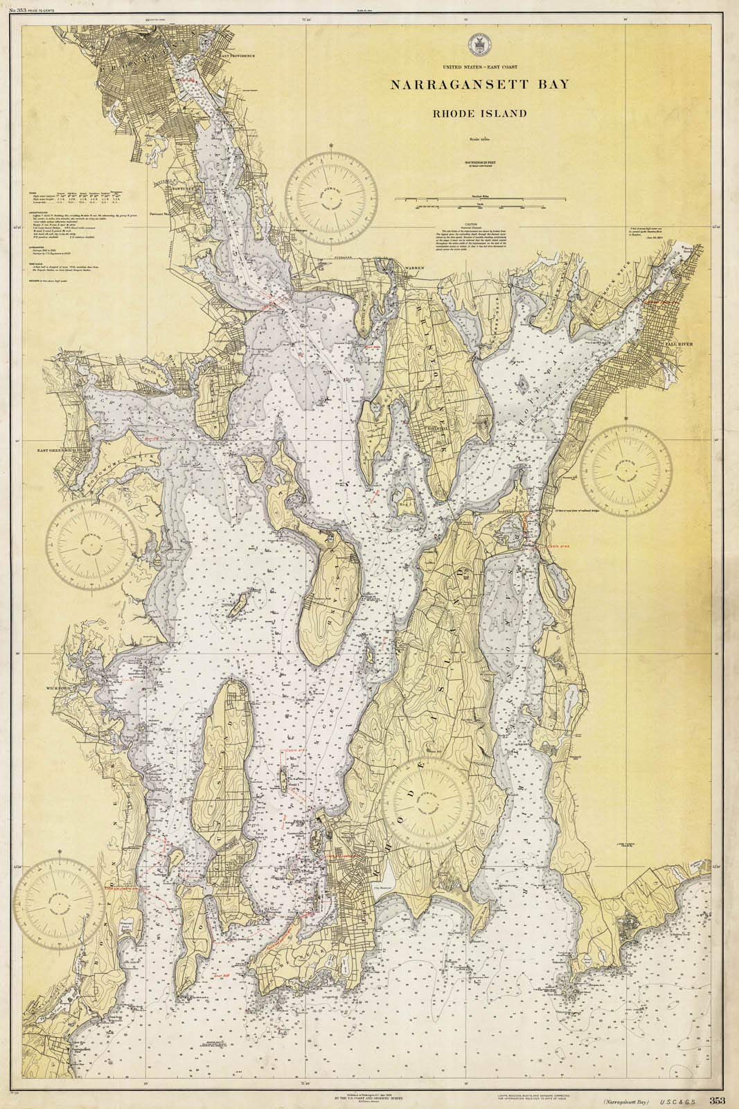 Vintage 1930 Nautical NOAA Chart of Narragansett Bay Rhode Island - Historic Pictoric Map - 24x36 Inch Wall Art - Perfect for Home Decor, Office & Coastal Theme Rooms