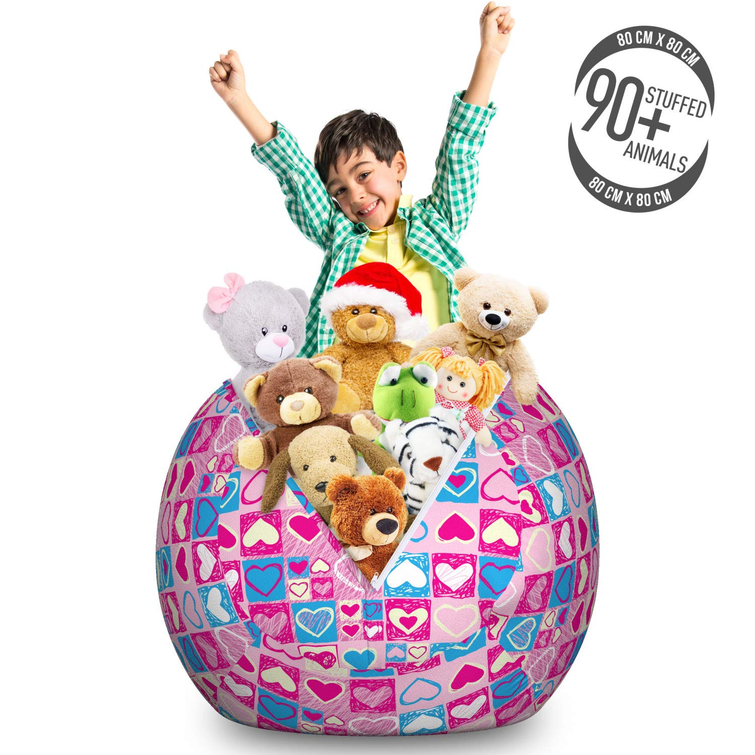 Ambesonne Love Storage Toy Bag Chair - Large Washable Stuffed Animal Organizer with Hearts Geometric Design in Blue Ivory Pink | Perfect for Kids' Room, Nursery, Playroom & Home Decor