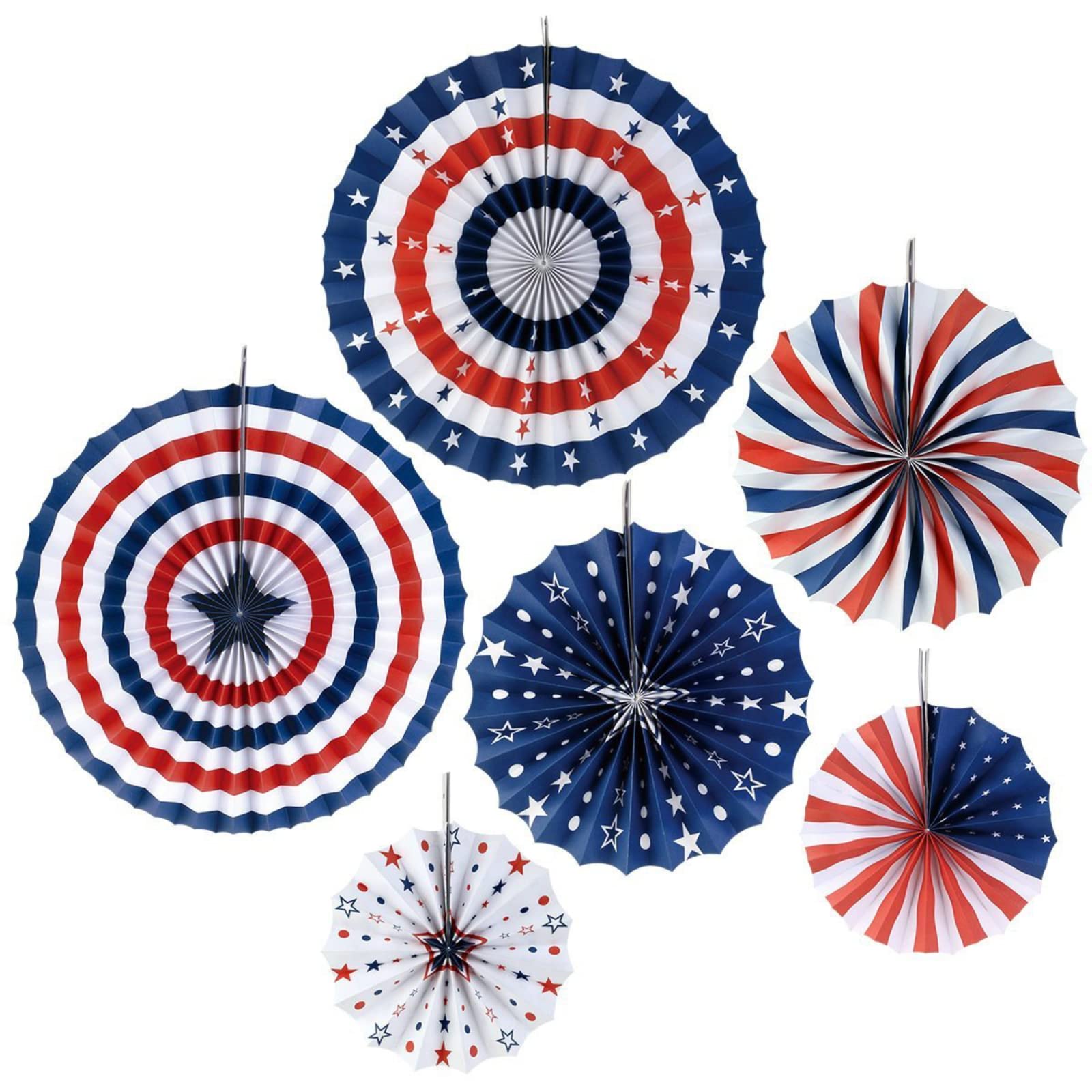 6Pcs Patriotic Hanging Decorations - 4th of July Paper Fans for Wall, American Independence Day Party Supplies, Red White Blue Star Decorations for Home, Office, Backyard BBQ & Outdoor Celebrations