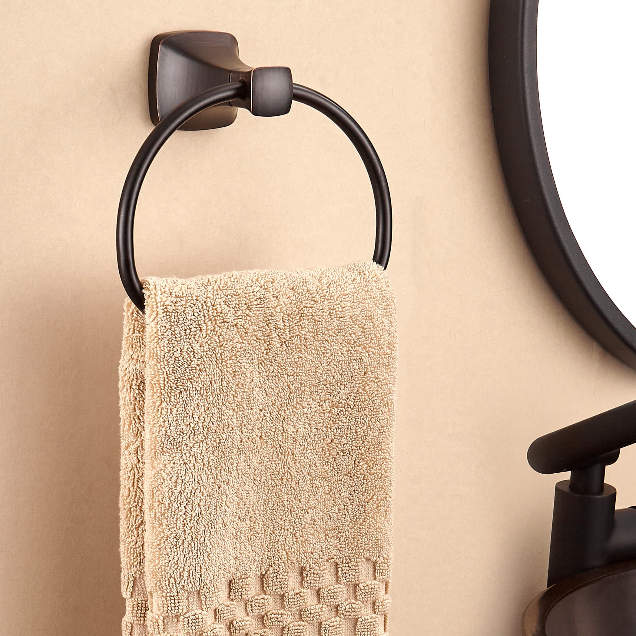 Oil Rubbed Bronze Towel Ring - Rustic Farmhouse Wall Mounted Bathroom Towel Holder for Hand & Kitchen Towels - Perfect for Bathroom, Kitchen & Farmhouse Decor