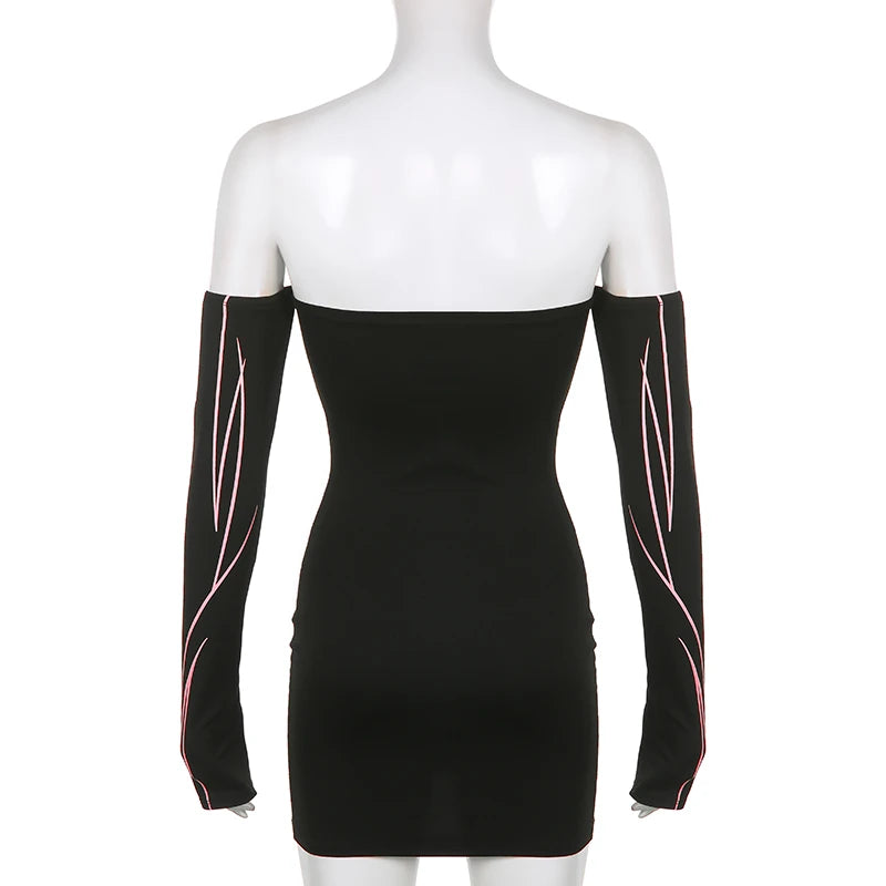 Asymmetrical Off Shoulder Bodycon Dress for Women - Sexy Striped Printed Club Party & Evening Dress - Perfect for Night Out, Date Night, and Gothic Fashion Events