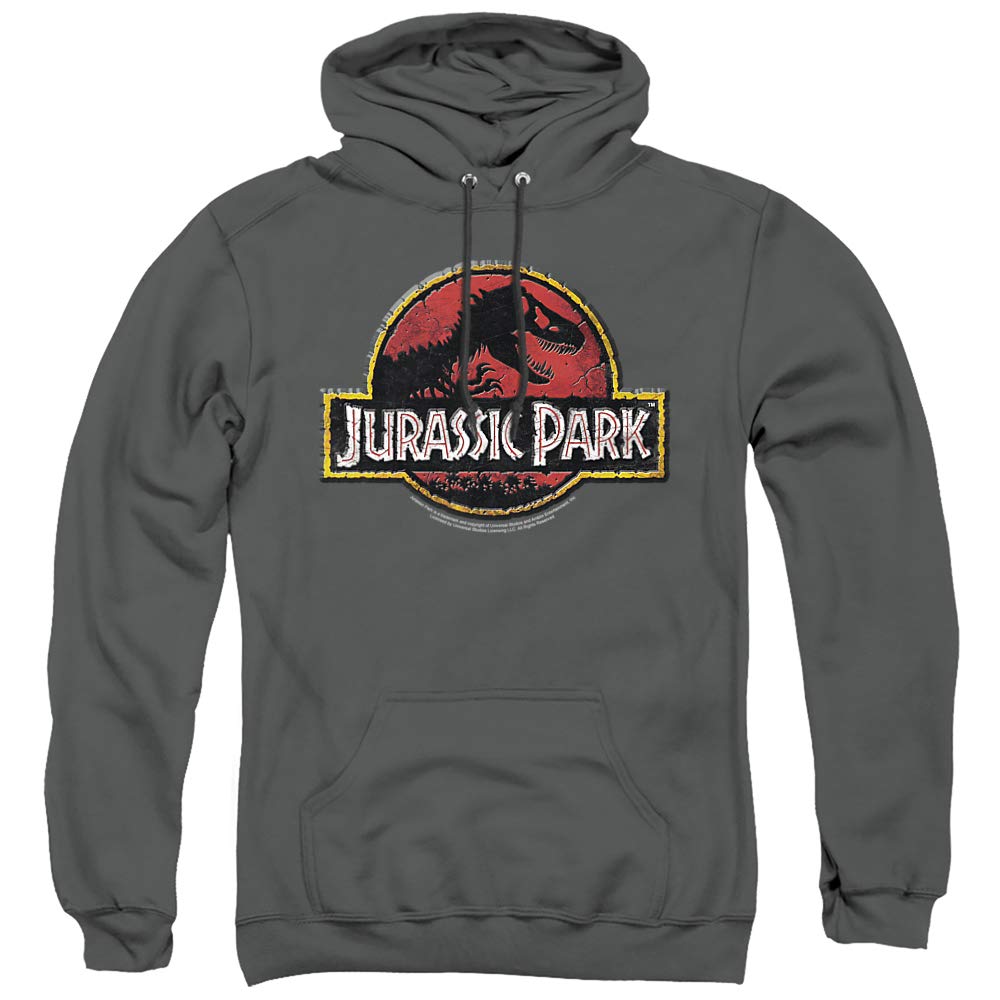 Jurassic Park Men's Stone Logo Hoodie - Small Size, Charcoal Color - Cozy Pullover Sweatshirt for Casual Wear, Movie Fans & Gift Giving