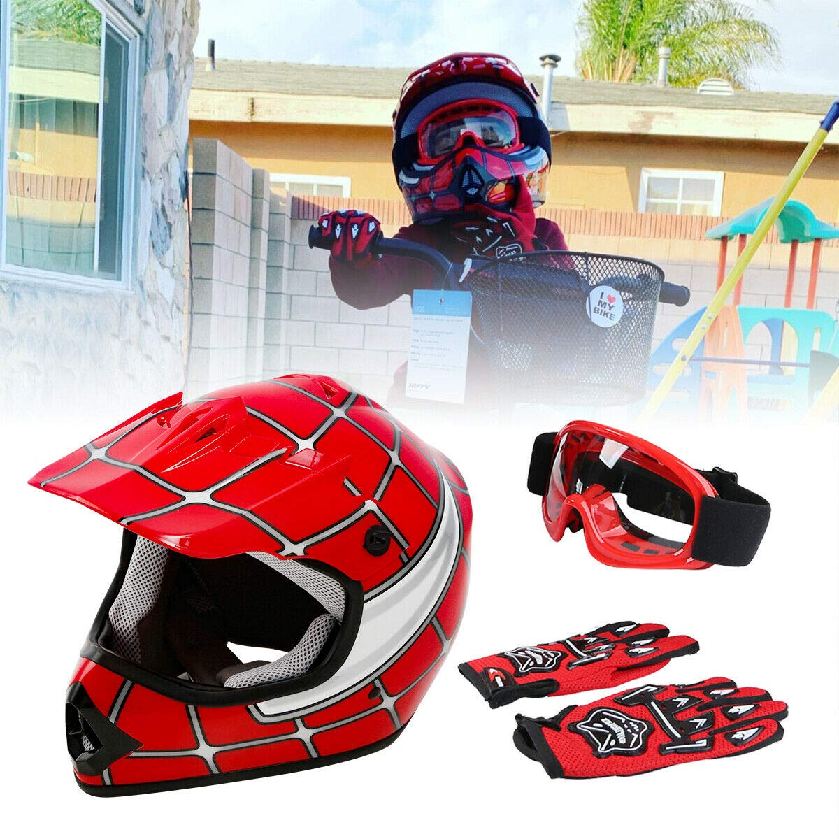 SLMOTO DOT Approved Youth Kids BMX MX ATV Off-Road Dirt Bike Helmet - Motorcycle & Motocross Safety Gear with Spider Design - Includes Goggles & Gloves for BMX, ATV, Mountain Biking & Motocross Riding