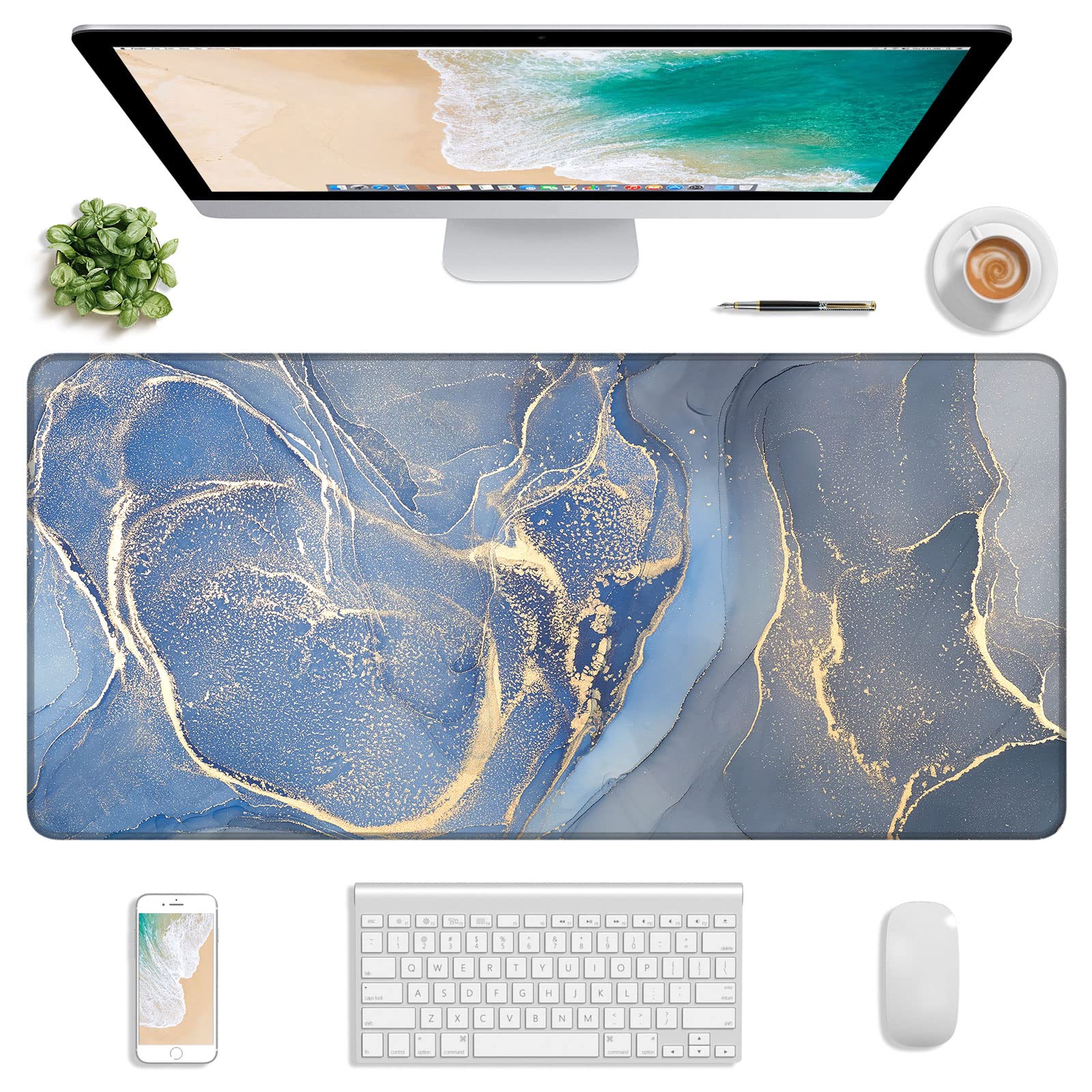 Atufsuat XXL Gaming Mouse Pad 30x14 Inch, Non-Slip Waterproof Desk Mat for Office & PC Gaming - Dark Blue Marble