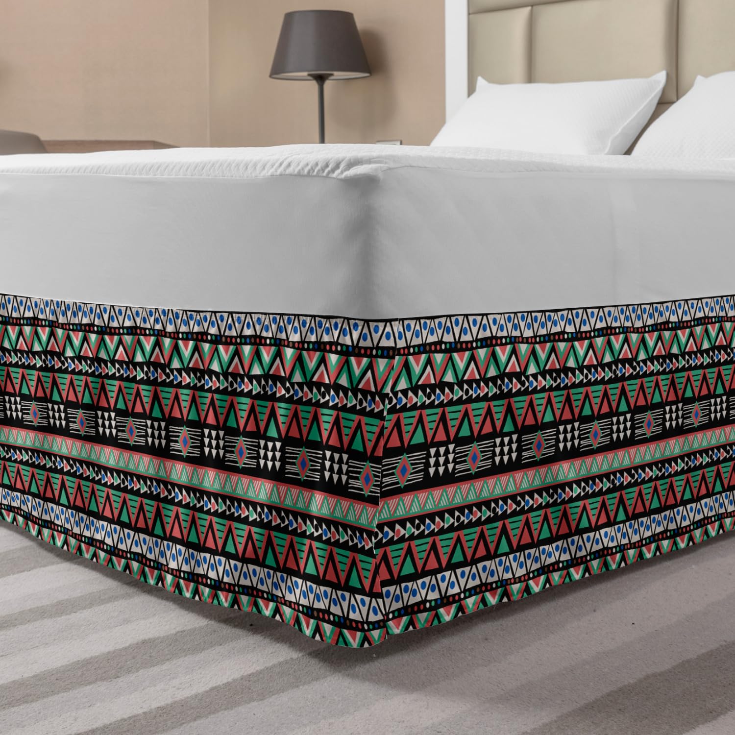 Ambesonne Aztec Elastic Bed Skirt - Geometric Triangle Pattern in Neutral Tones, Wrap Around Fabric Dust Ruffle for King Size Beds | Perfect for Modern Bedroom Decor & Guest Room Styling