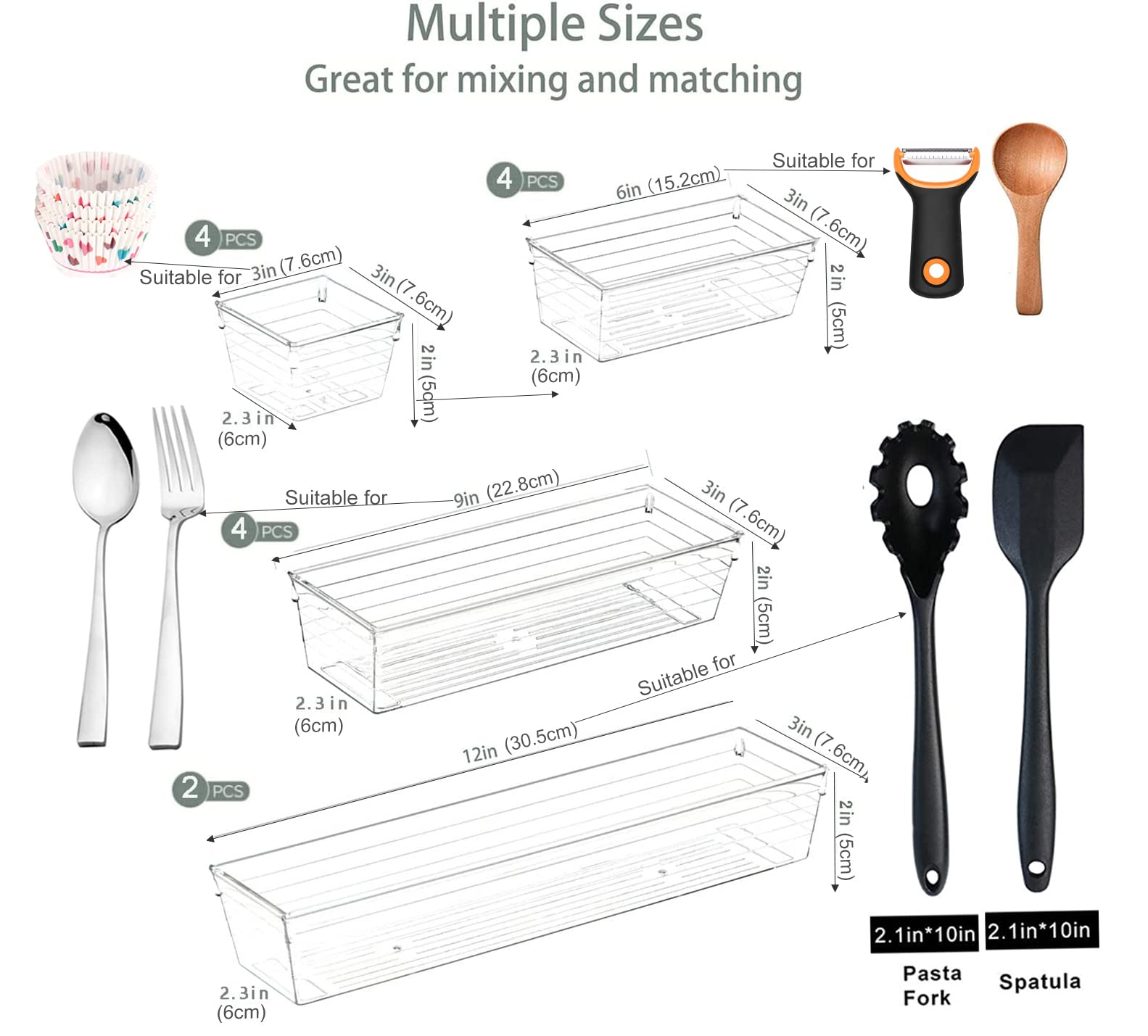14-Piece Clear Plastic Drawer Organizer Set for Kitchen, Makeup, Bedroom & Office - Versatile Storage Trays for Utensils, Cosmetics, Stationery & Small Items