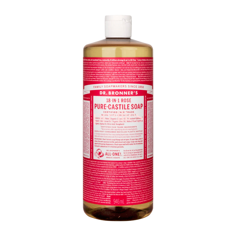 Dr. Bronner's Organic Rose Liquid Soap - 18-in-1 Pure Castile Soap, 32oz (946ml) for Face, Body, Hair & Home - Vegan, Fair Trade, Cruelty-Free - Perfect for Shower, Bath & Cleaning