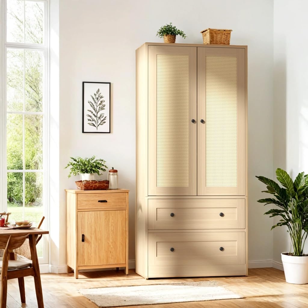 Rattan Oak Kitchen Pantry Cabinet with Doors & Drawers - 64.2