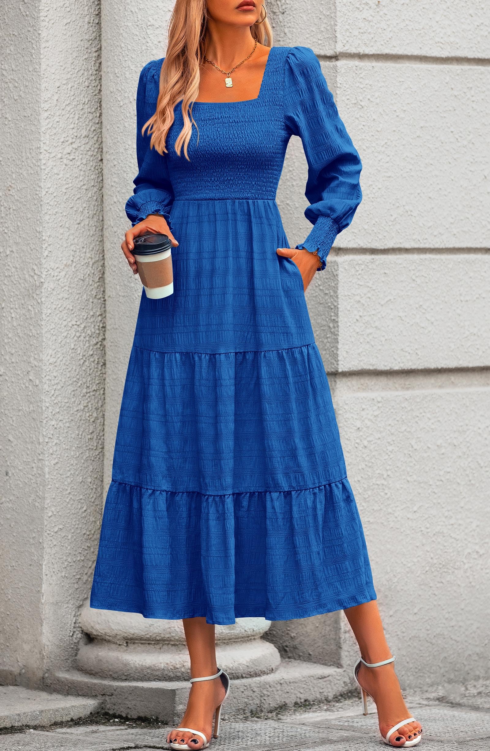 Elegant KIRUNDO Women's Spring Wedding Guest Maxi Dress with Puff Long Sleeves - Summer Smocked Empire Waist Flowy Swing Dress for Bridal Shower, Garden Party & Formal Events