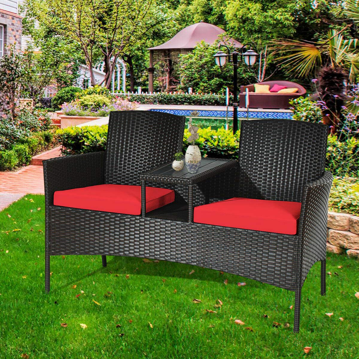 RELAX4LIFE Outdoor Rattan Wicker Conversation Set with Coffee Table & 2 Removable Cushion Chairs - Patio, Garden, Balcony, Lawn Furniture Loveseat (Brown+Red) - Perfect for Backyard Relaxation, Poolside Lounging & Outdoor Entertaining