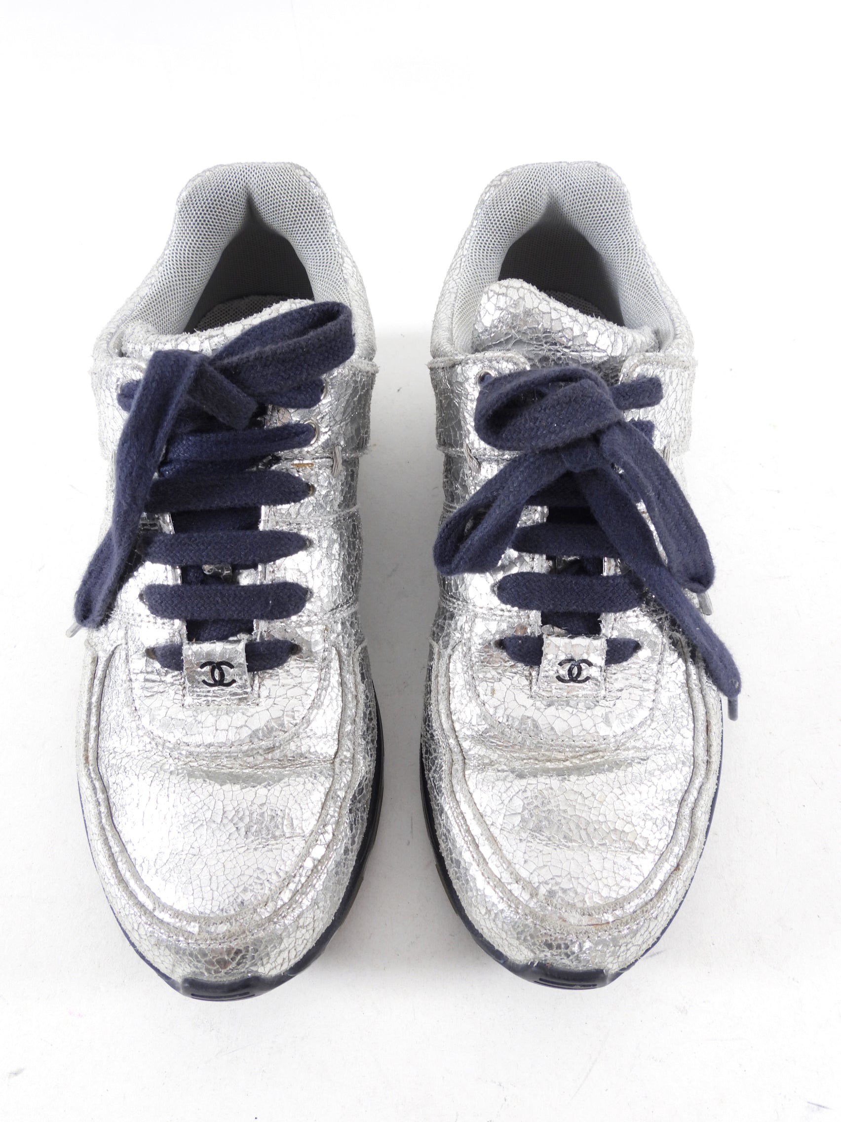 Chanel Silver Crackle Leather and Navy Sneakers Size 36 - Luxury Women's Fashion Sneakers for Casual Wear & Street Style
