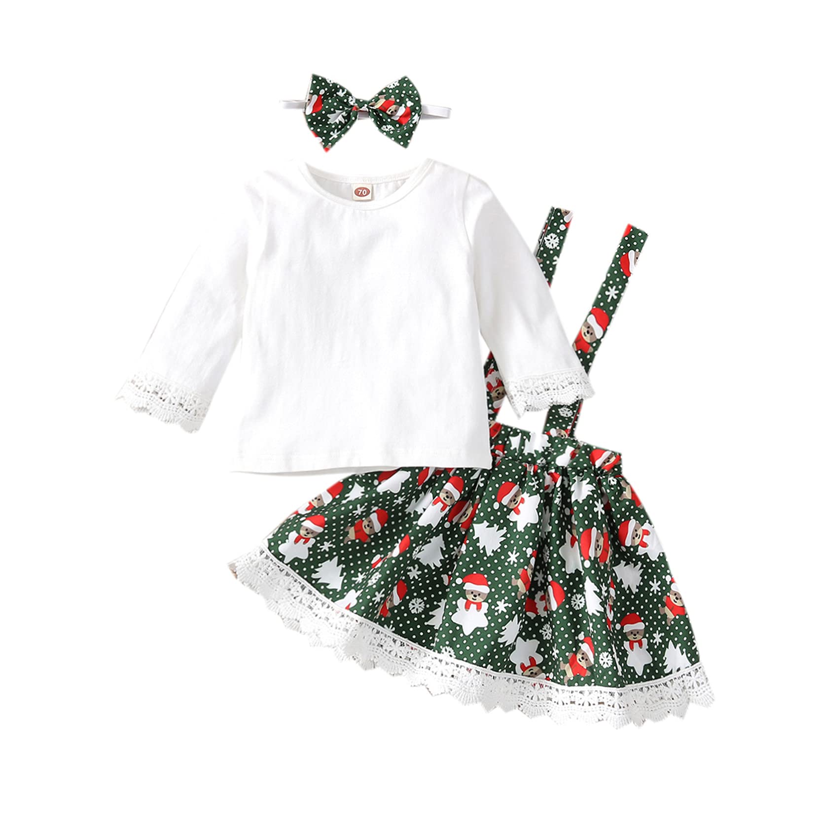 EYIIYE Baby Girls Christmas Dress Outfit - Plaid Suspender Skirt Set with Letter Print Romper, Ruffle Hem & Headbands | Holiday Party, Family Photo, Christmas Celebration Outfit