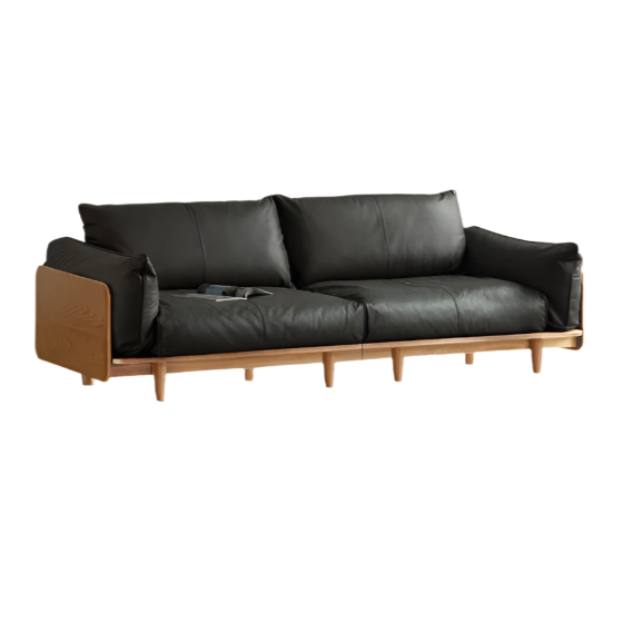 94.8x36.2x31.8 inch / 241x92x81 cm / Natural wood color /  Three-seater bed (leather black)