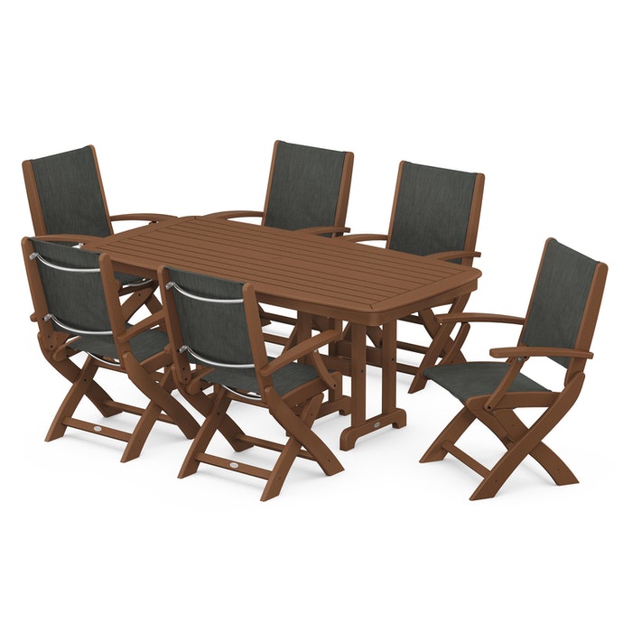 POLYWOOD Coastal Folding Arm Chair 7-Piece Outdoor Dining Set - Perfect for Patio, Deck, Poolside & Beachfront Entertaining