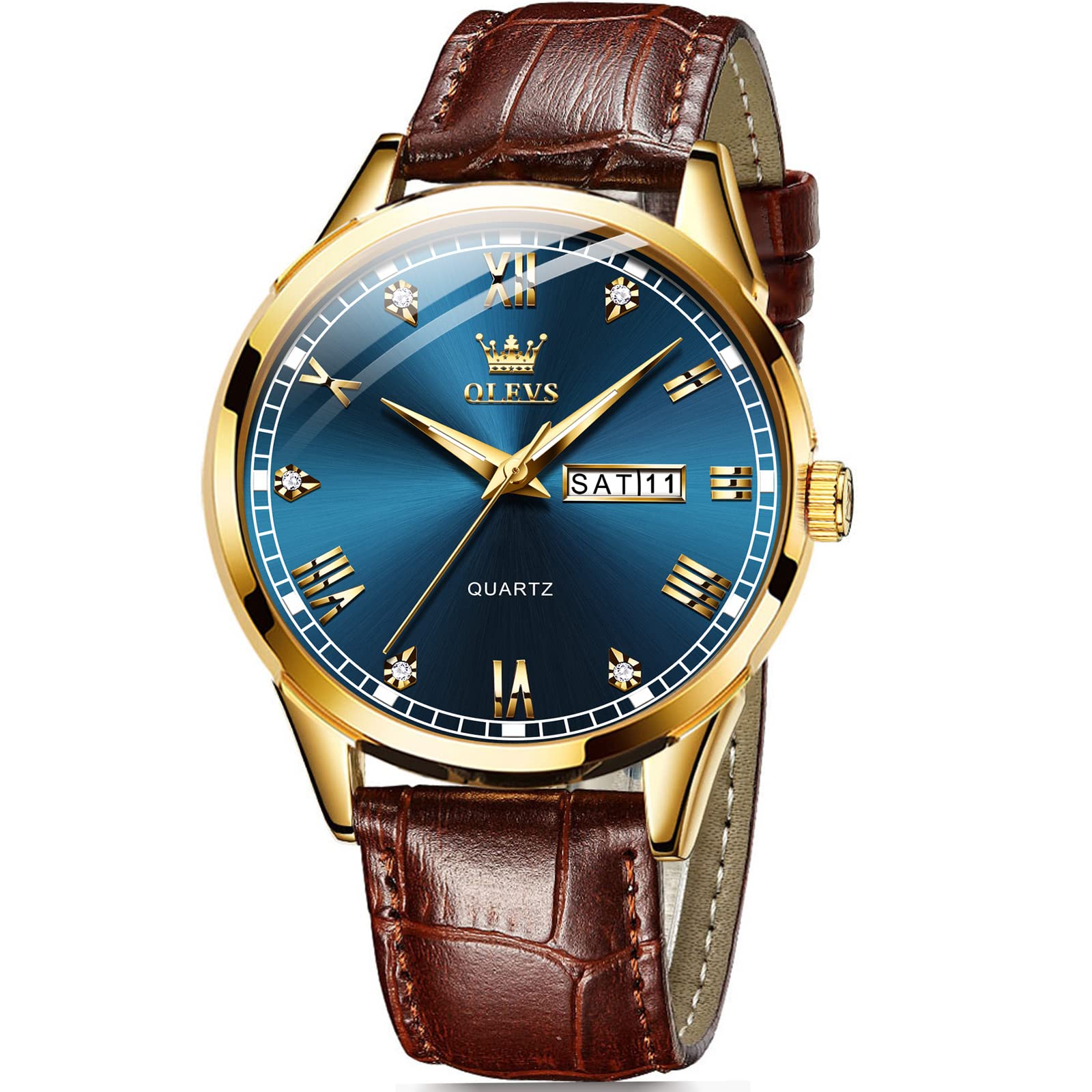 OLEVS Men's Brown Leather Watch - Rose Gold, Waterproof, Luminous for Daily & Dress Wear