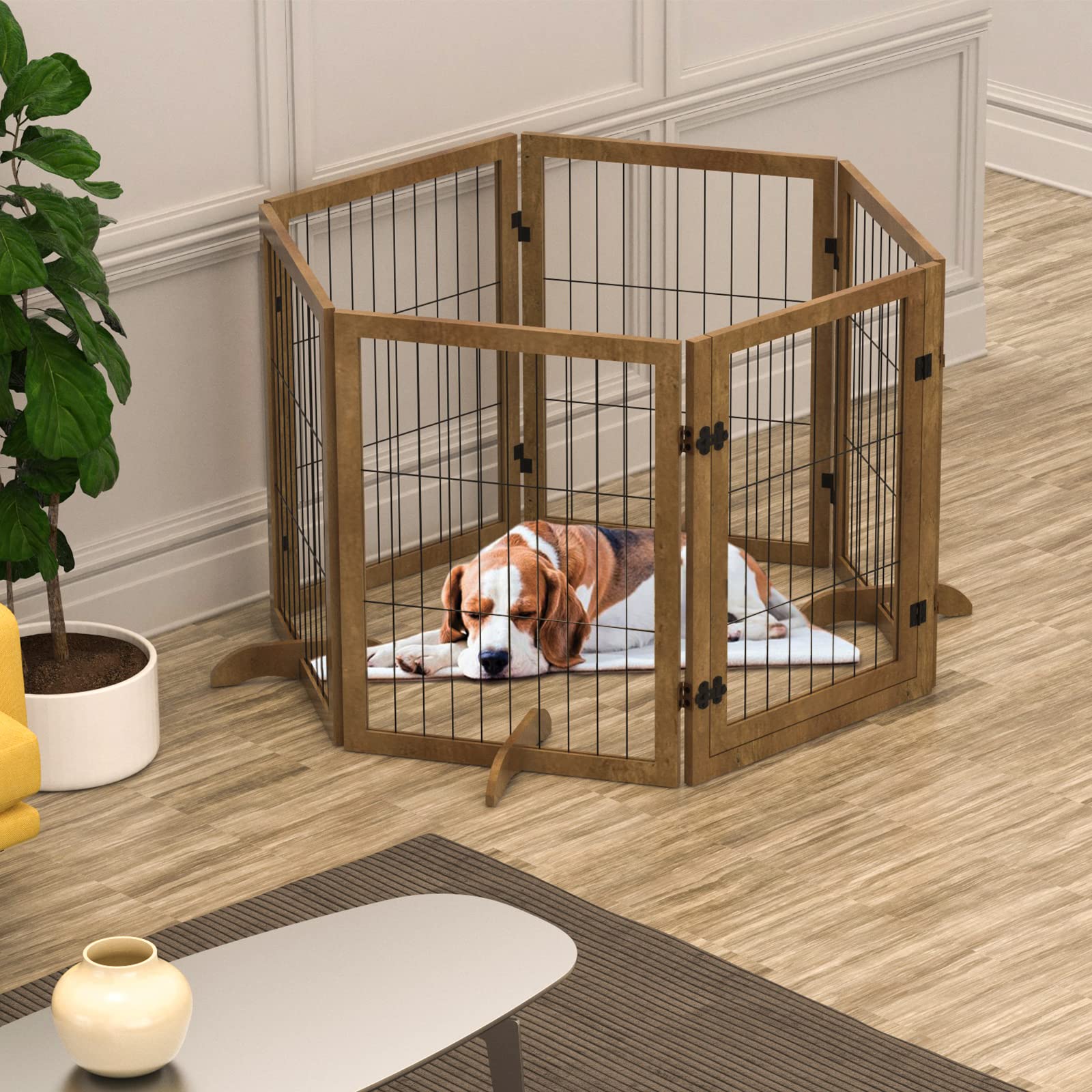Extra Wide Freestanding Dog Gate with Lockable Walk-Through Door - Tall Folding Pet Fence Safety Barrier for Home, Doorways & Stairs - Includes 4 Support Feet & Pre-Assembled - Perfect for Indoor Use, Puppy Playpen & Staircase Safety