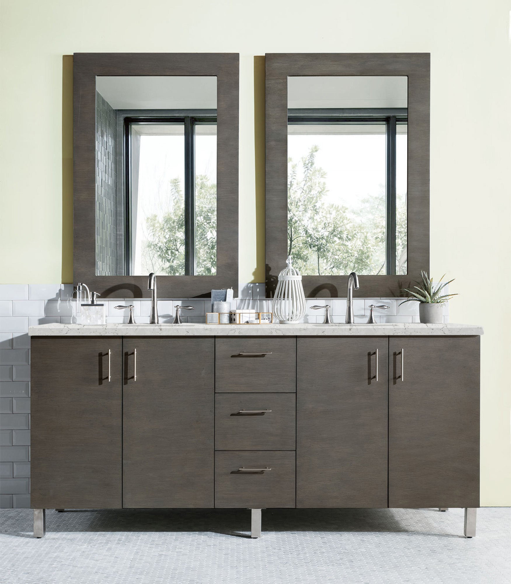 Metropolitan 72 Inch Double Bathroom Vanity with Silver Oak Finish & 3CM Eternal Jasmine Pearl Quartz Countertop - Perfect for Master Bathroom Renovation and Luxury Home Decor