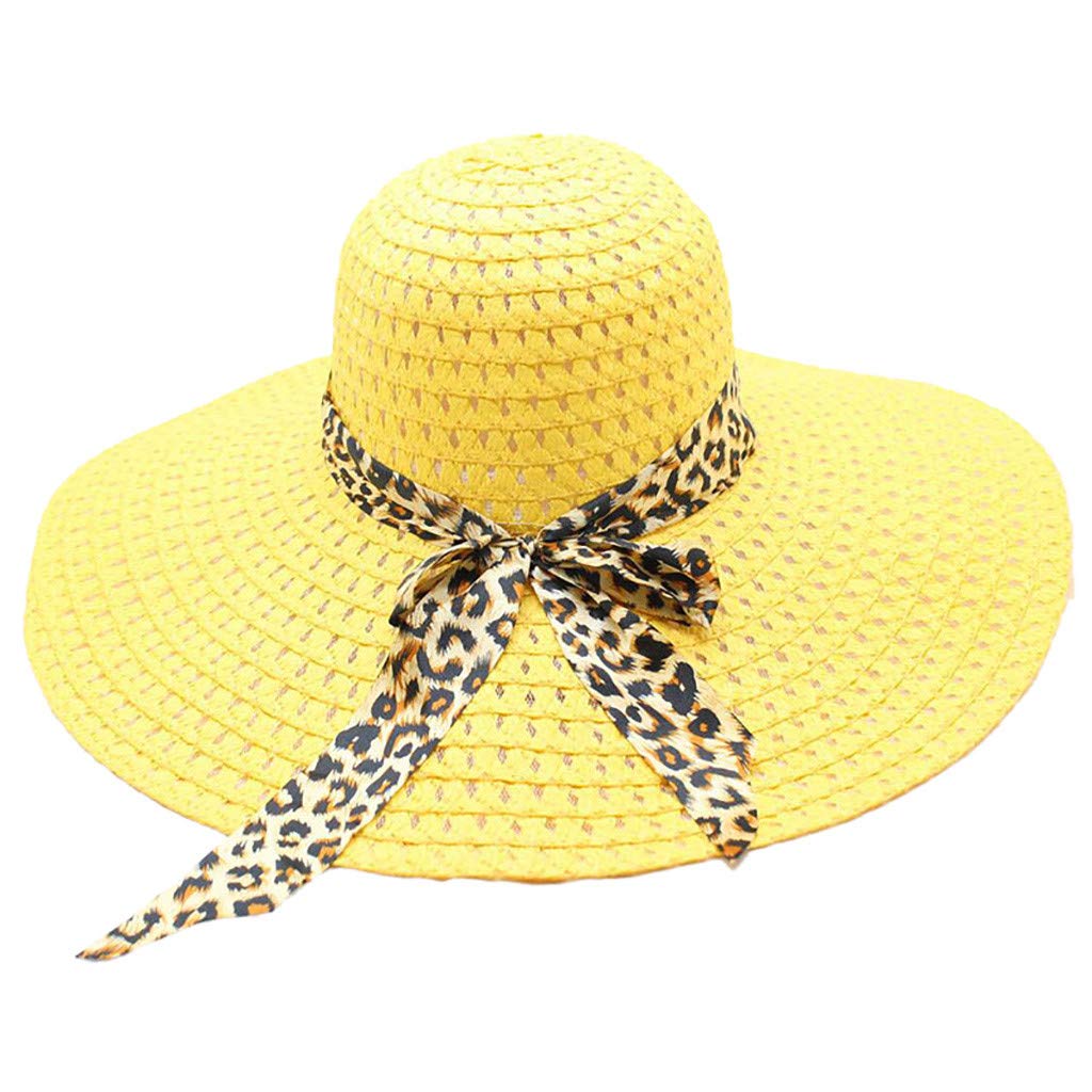 Stylish Women's Leopard Print Wide Brim Straw Sun Hat - Foldable & Packable Floppy Beach Hat for Outdoor, Travel, and Summer Activities